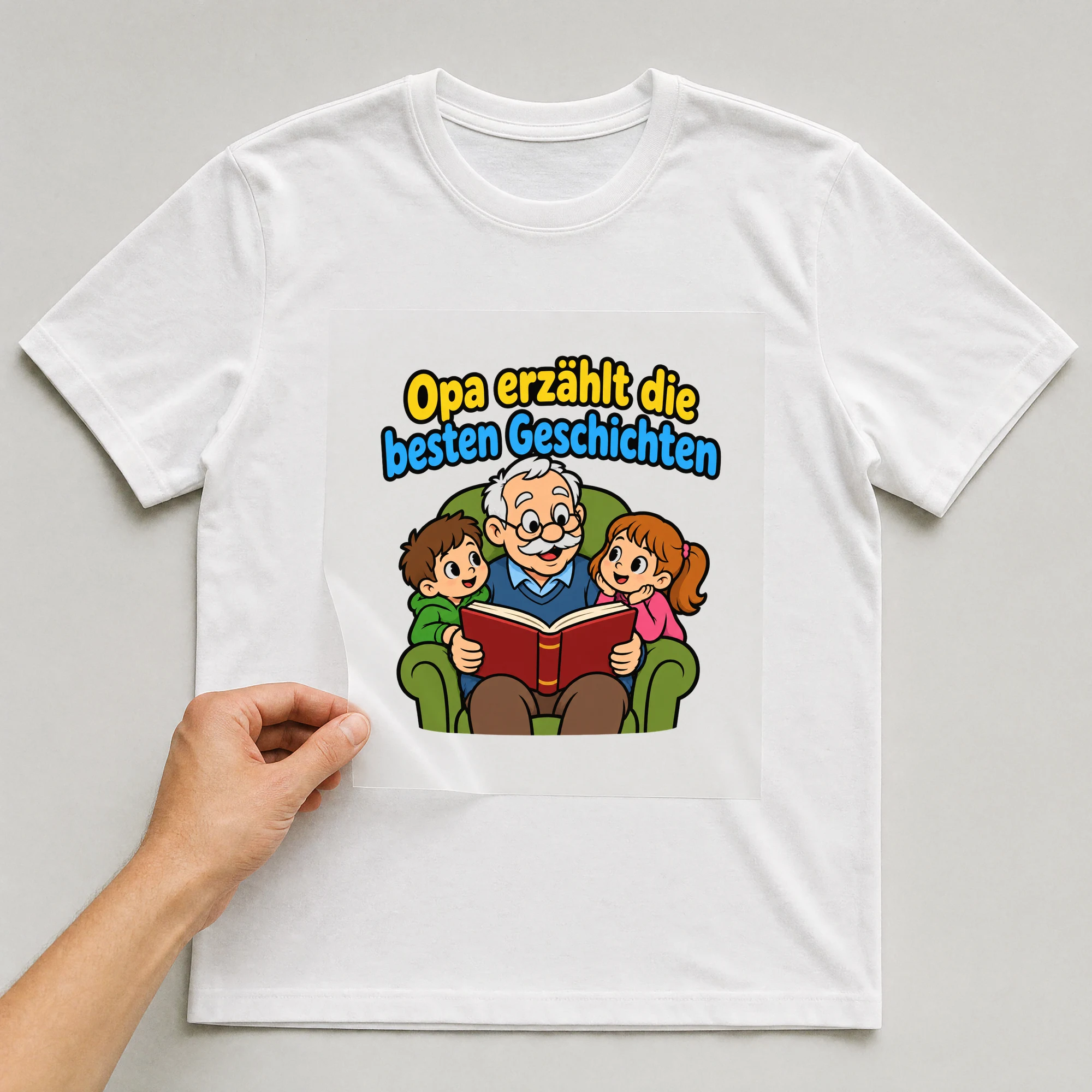 Bügelbild „Opa erzählt die besten Geschichten“ auf weißem T-Shirt, Folie wird aufgelegt