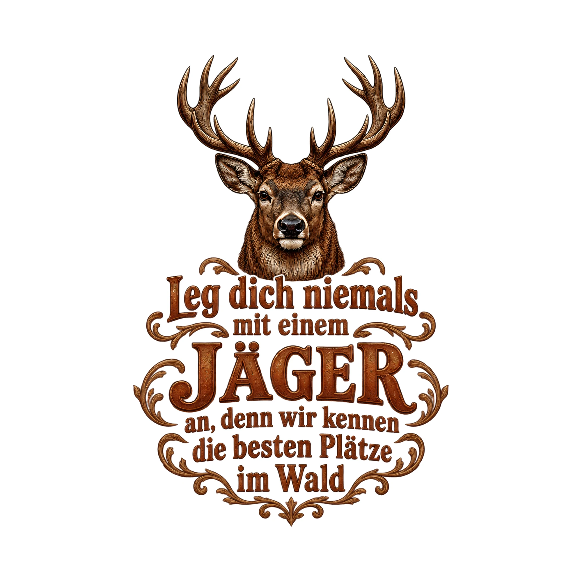 Bügelbild Leg dich niemals mit einem Jäger an, denn wir kennen die besten Plätze im Wald als Grafik auf weißem Hintergrund (BB017155)