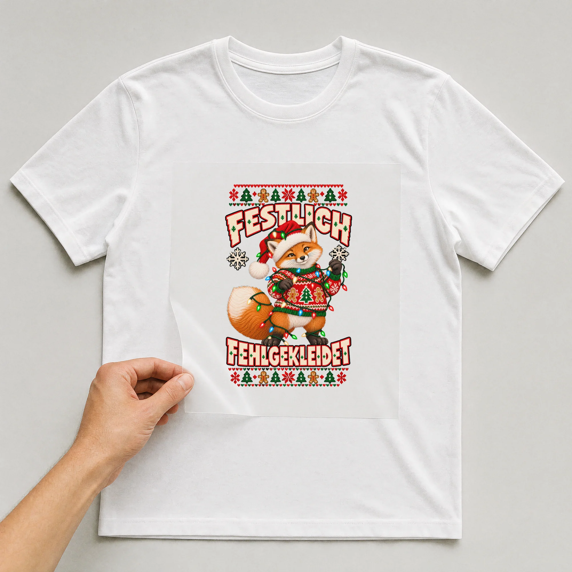 Bügelbild Festlich fehlgekleidet (Fuchs mit Lichterkette) auf weißem T-Shirt, Folie wird aufgelegt
