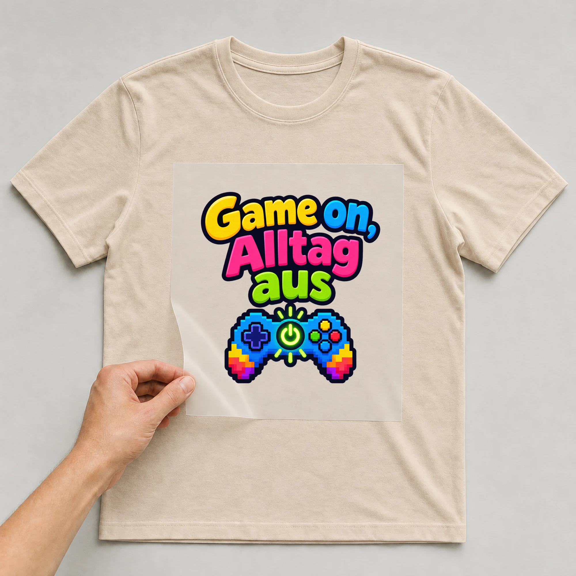 Bügelbild „Game on, Alltag aus“ auf beigem T-Shirt, Folie wird aufgelegt