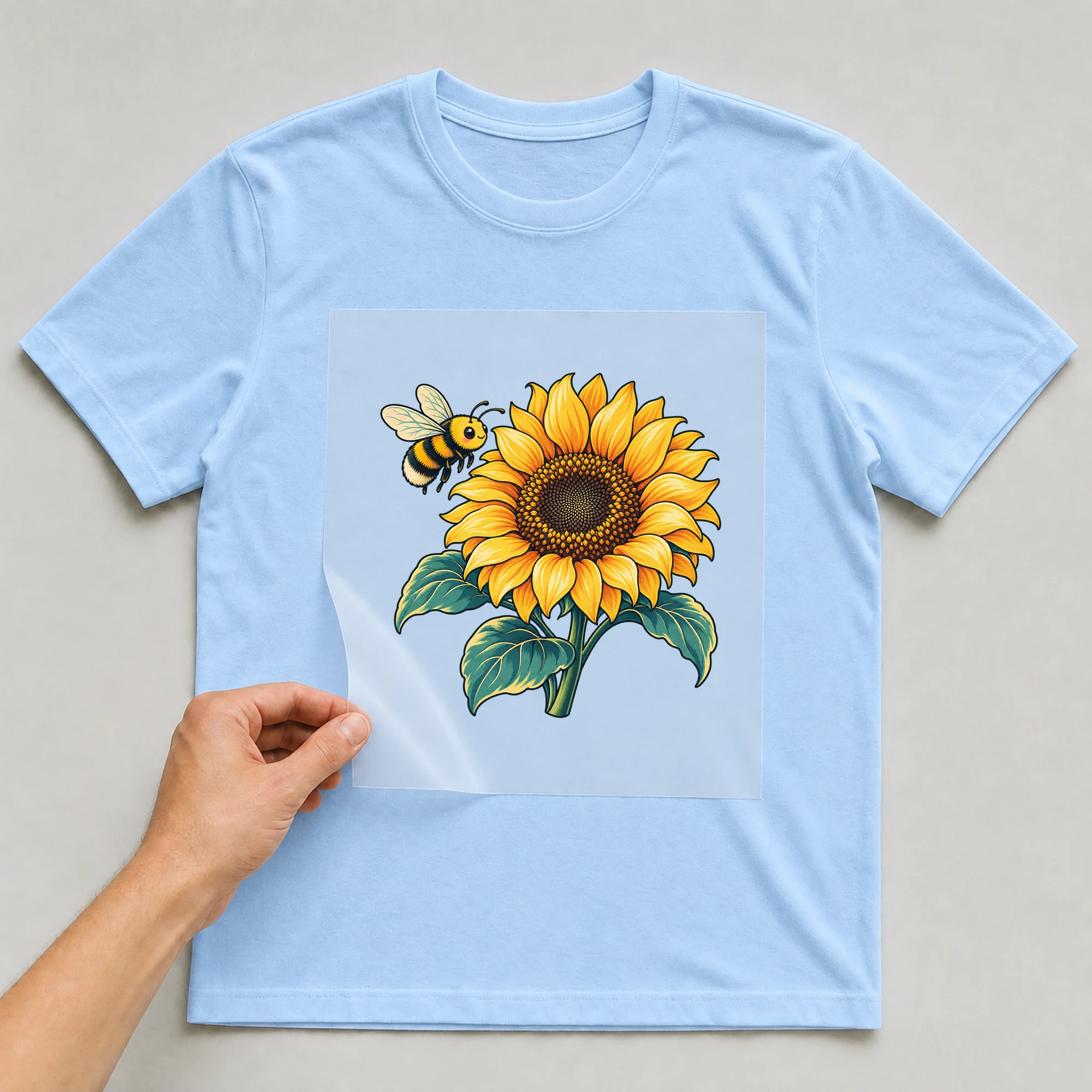 Bügelbild „Sonnenblume mit Biene“ auf babyblauem T-Shirt, Folie wird aufgelegt