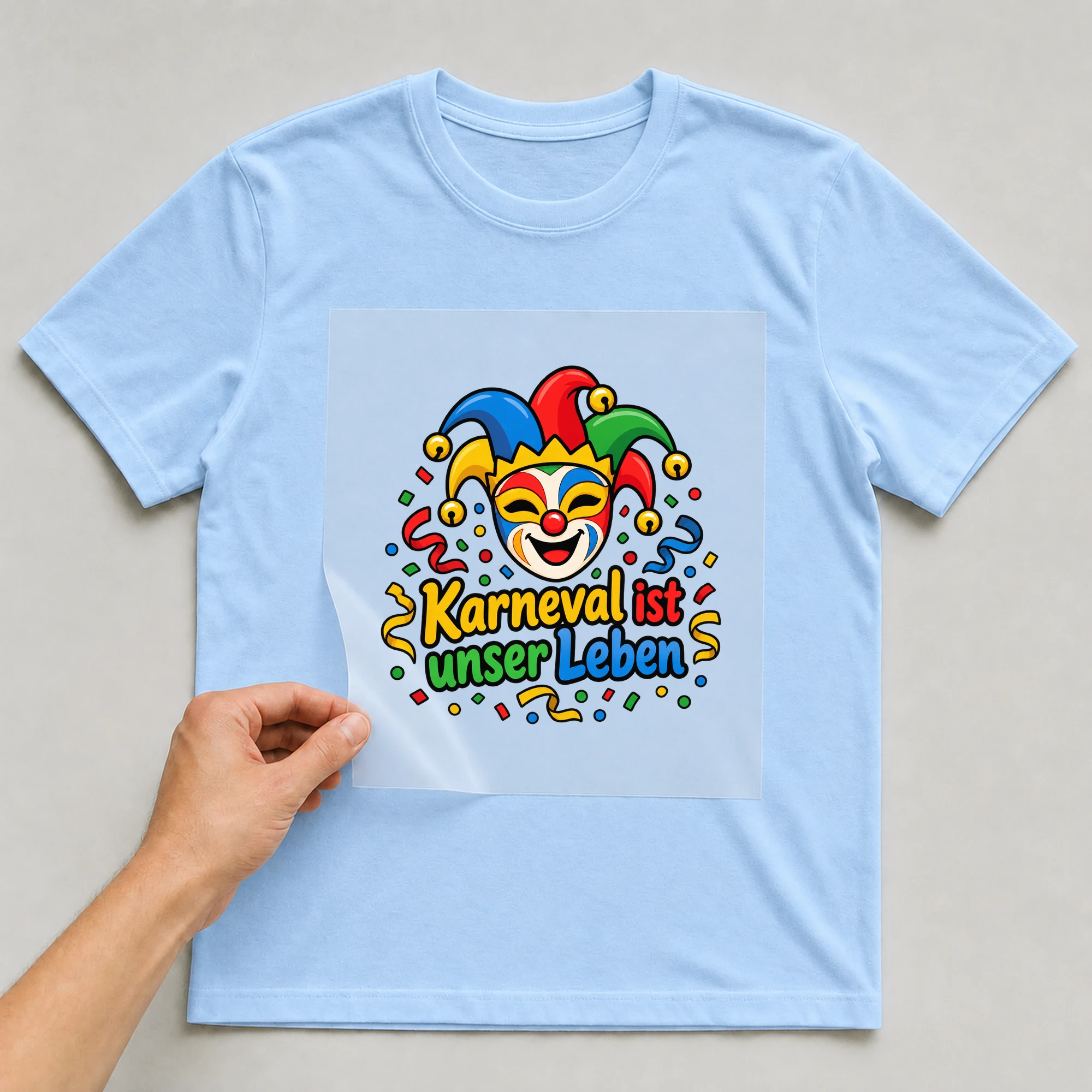 Bügelbild „Karneval ist unser Leben“ auf babyblauem T-Shirt, Folie wird aufgelegt