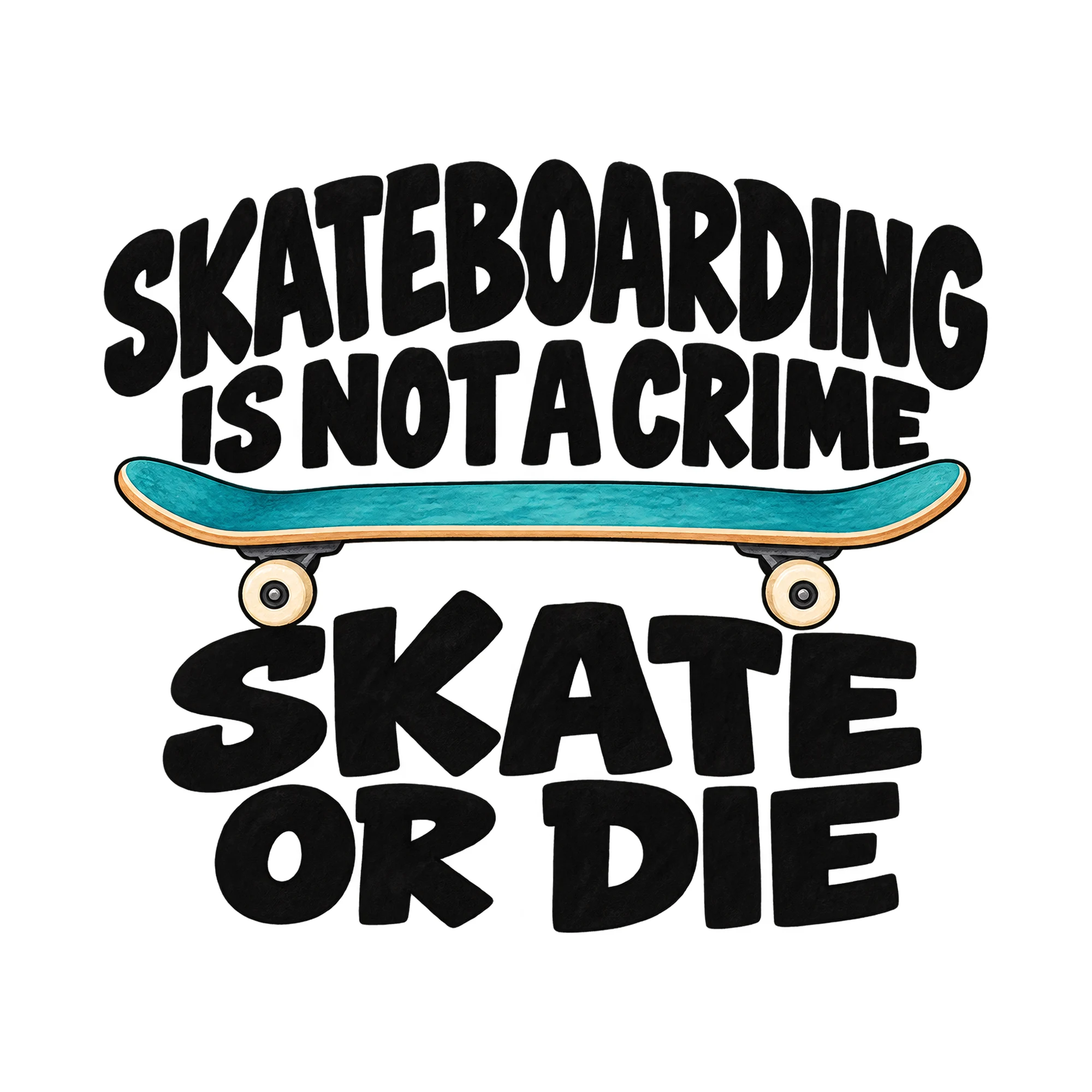 Bügelbild „SKATEBOARDING IS NOT A CRIME SKATE OR DIE“, Sport Shirt Spruch als Grafik auf weißem Hintergrund (BB015643)