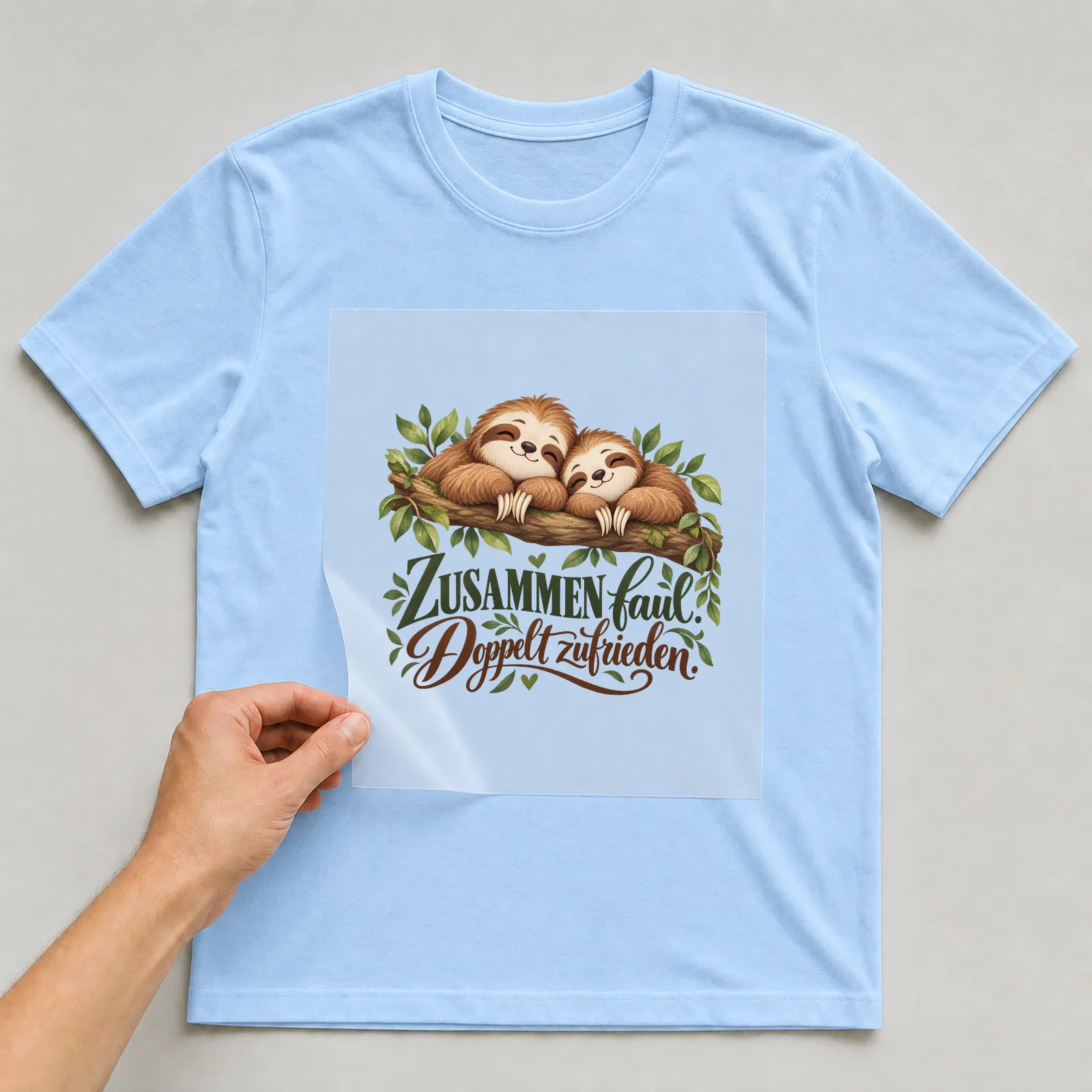 Bügelbild „Zusammen faul. Doppelt zufrieden.“ auf hellblauem T-Shirt, Folie wird aufgelegt