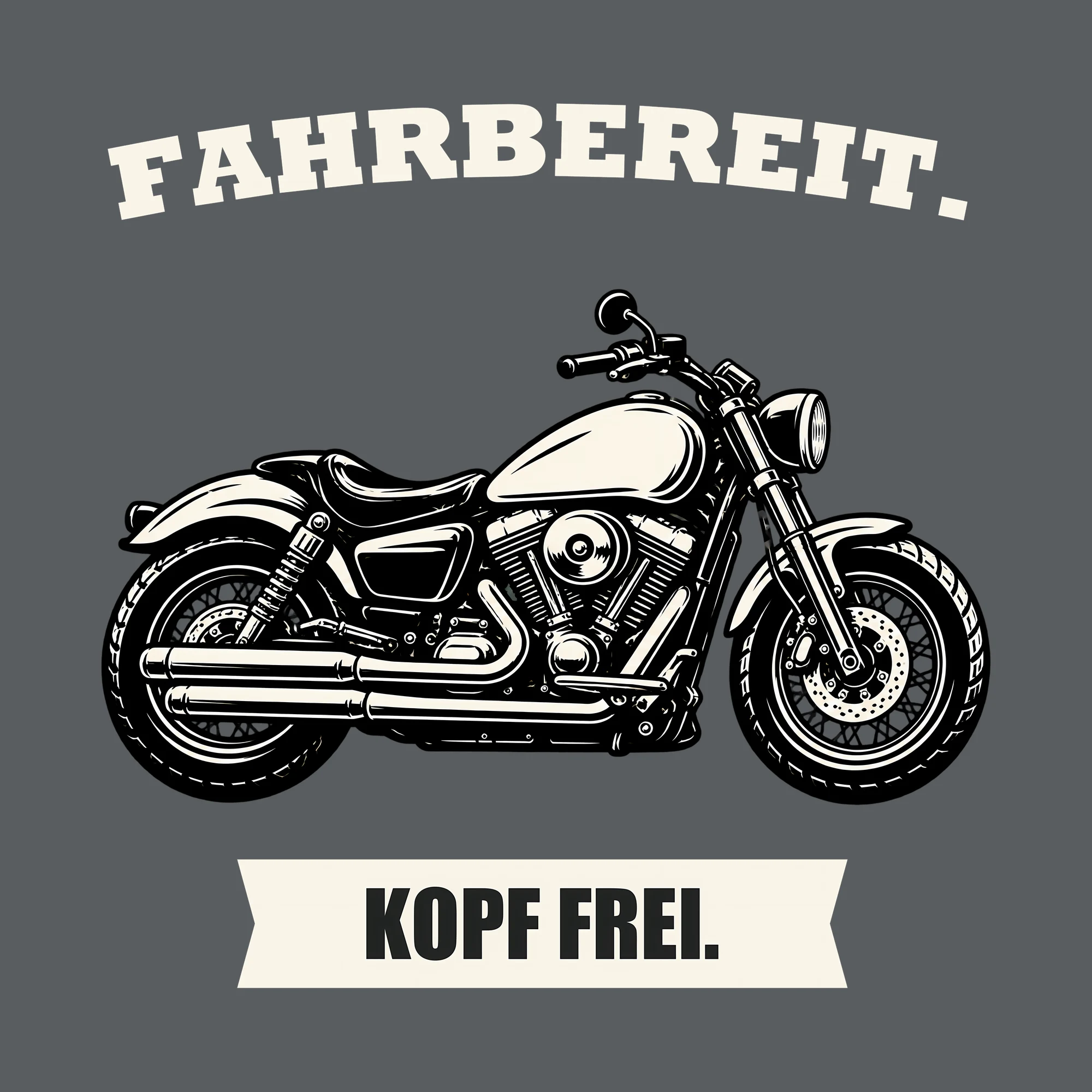 Bügelbild FAHRBEREIT. KOPF FREI. als Grafik auf dunklem Hintergrund (BB012732)