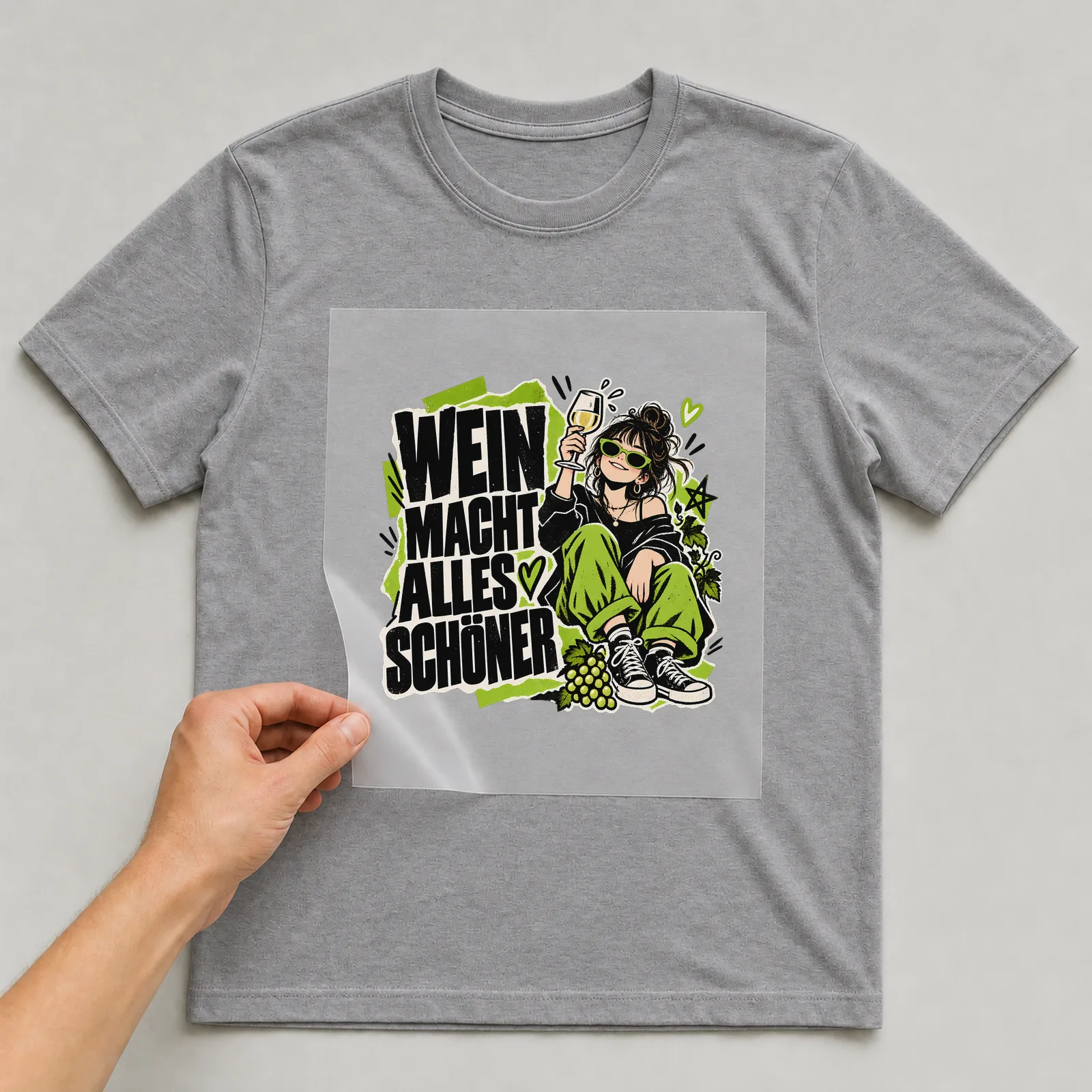 Bügelbild „Wein macht alles schöner“ auf grauem T-Shirt, Folie wird aufgelegt