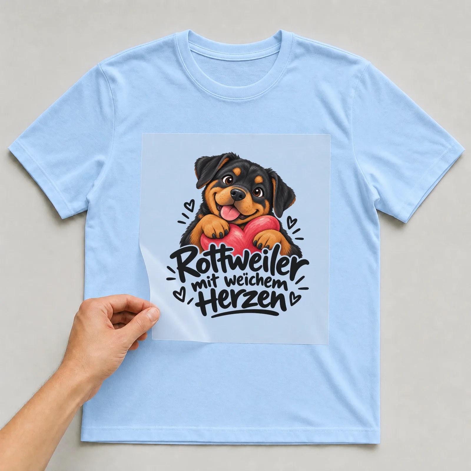 Bügelbild „Rottweiler mit weichem Herzen“ auf hellblauem T-Shirt, Folie wird aufgelegt