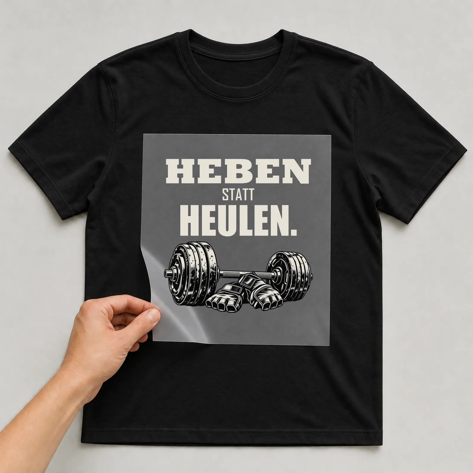 Bügelbild „Heben statt heulen“ auf schwarzem T-Shirt, Folie wird aufgelegt