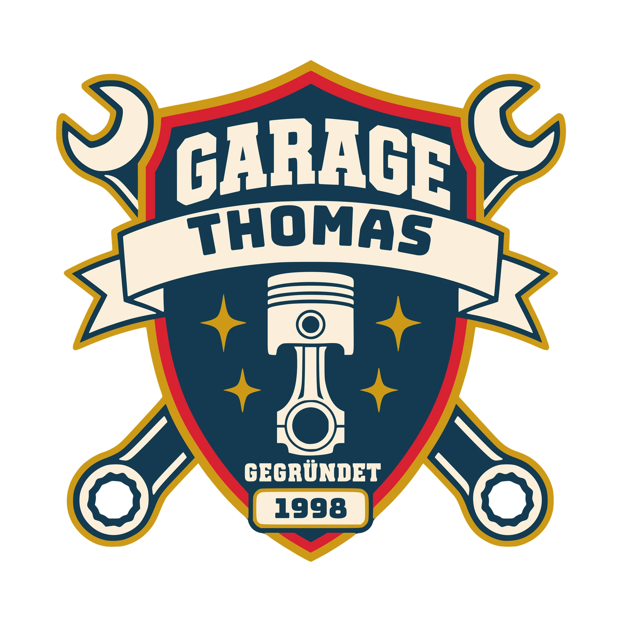 Bügelbild Garage gegründet mit Name und Jahr als Grafik auf weißem Hintergrund (BB010427)