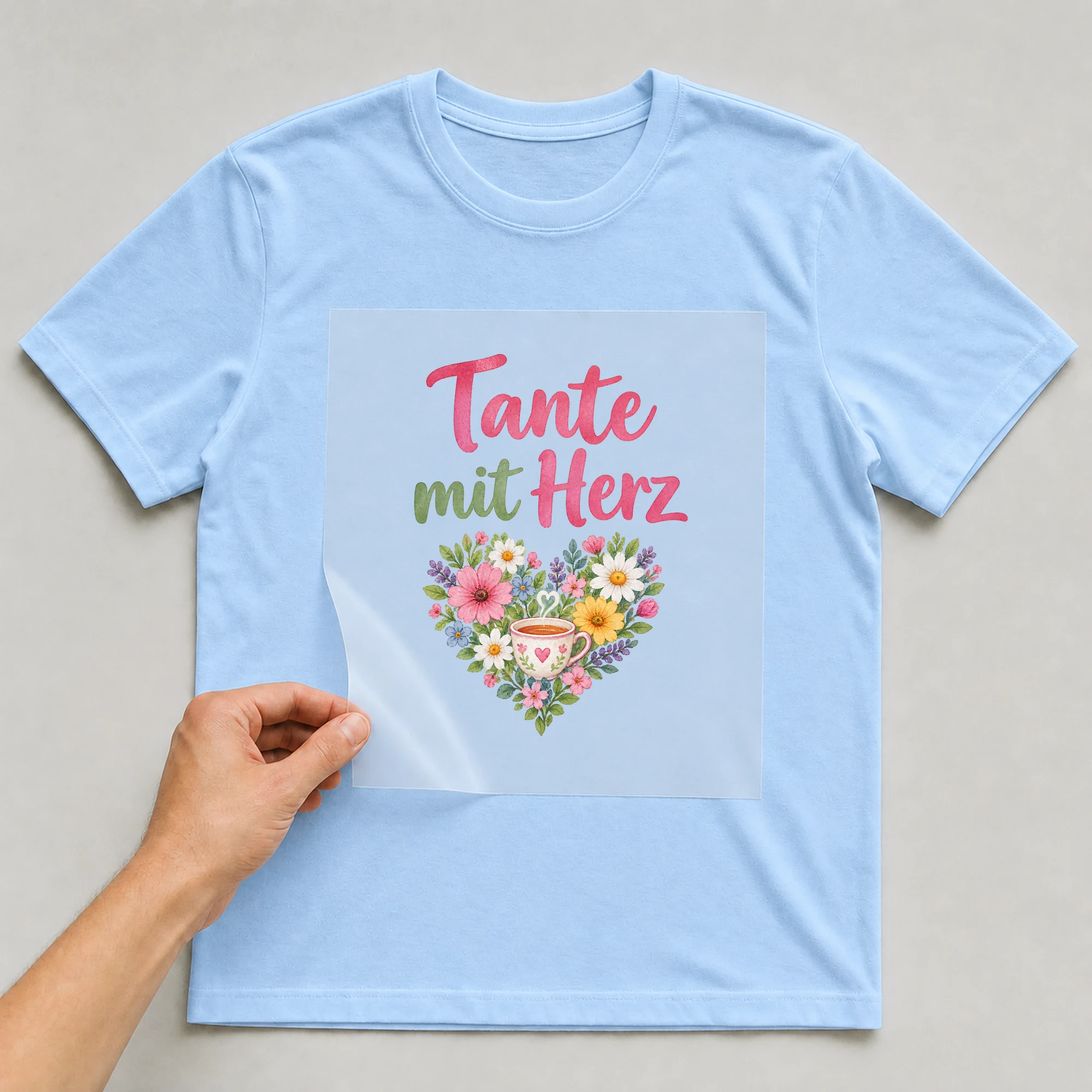 Bügelbild „Tante mit Herz“ auf babyblauem T-Shirt, Folie wird aufgelegt