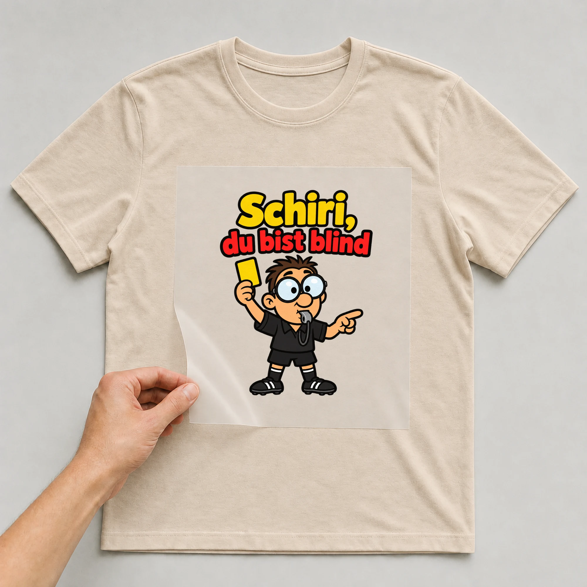 Bügelbild „Schiri, du bist blind“ auf beigem T-Shirt, Folie wird aufgelegt