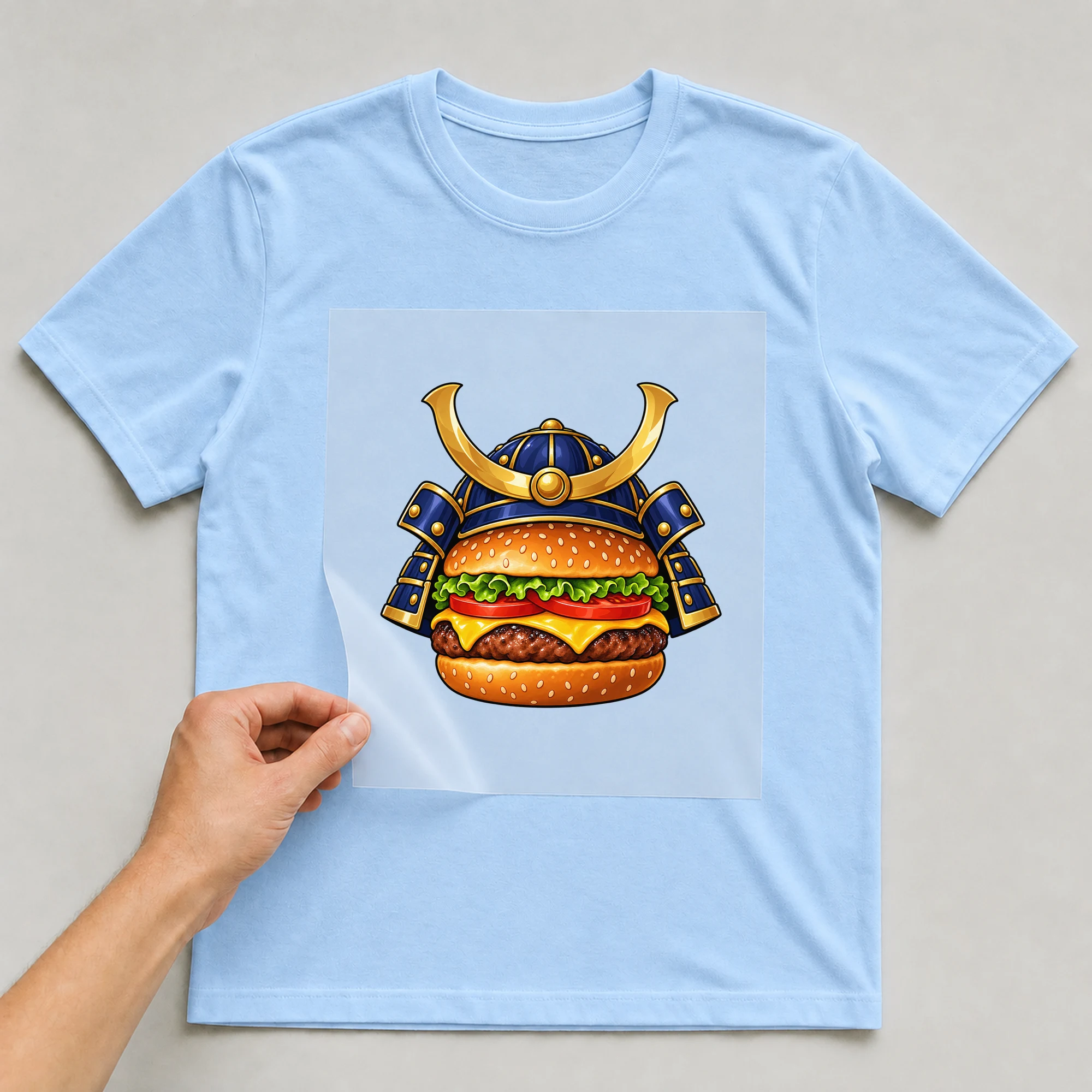 Bügelbild „Samurai Burger“ auf babyblauem T-Shirt, Folie wird aufgelegt