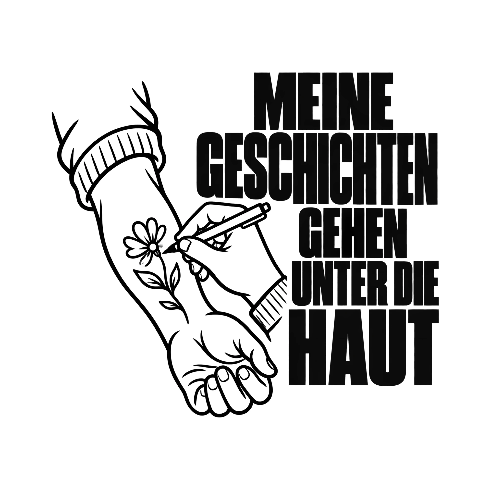 Bügelbild MEINE GESCHICHTEN GEHEN UNTER DIE HAUT als Grafik auf weißem Hintergrund (BB011665)