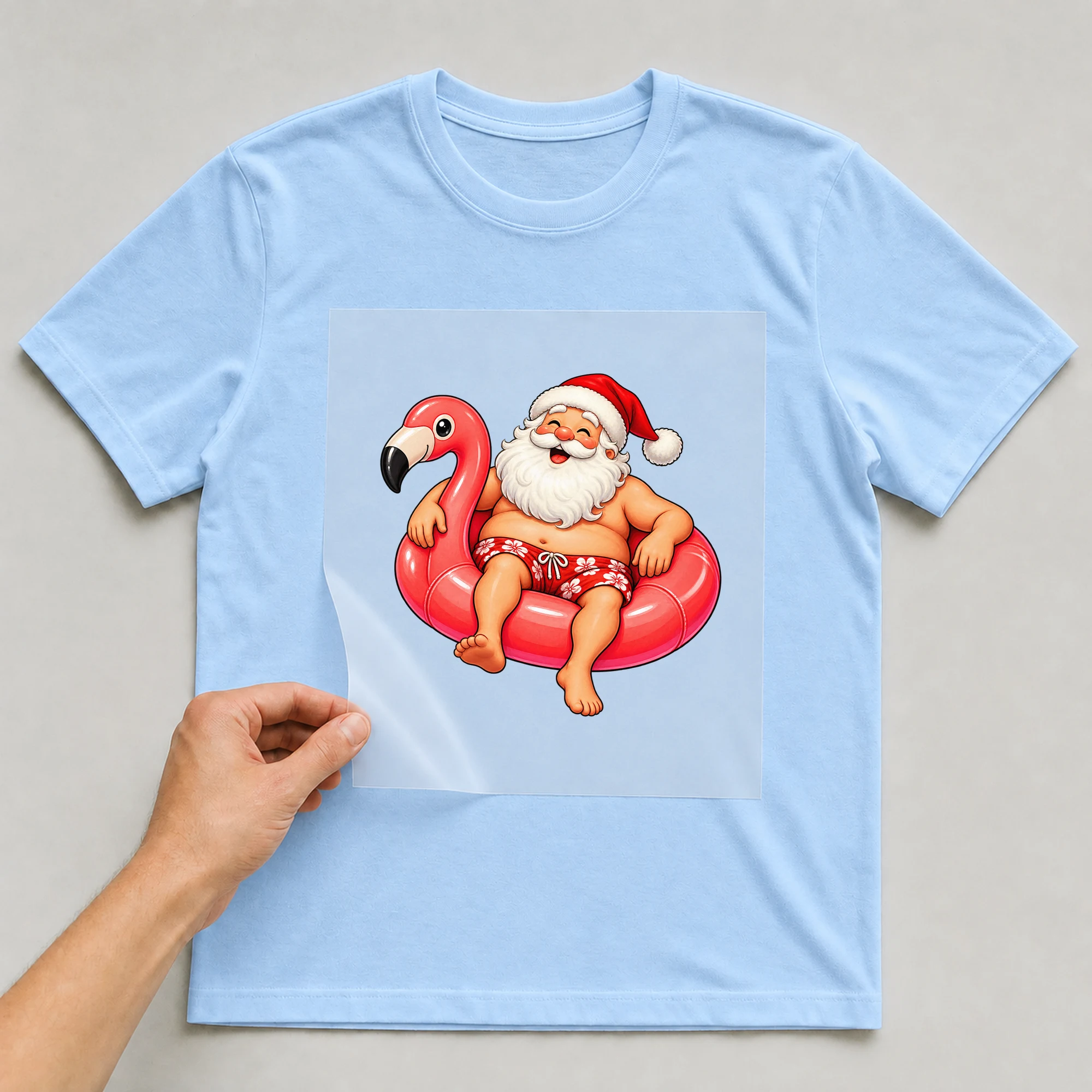 Bügelbild „Weihnachtsmann im Flamingo-Schwimmring“ auf babyblauem T-Shirt, Folie wird aufgelegt