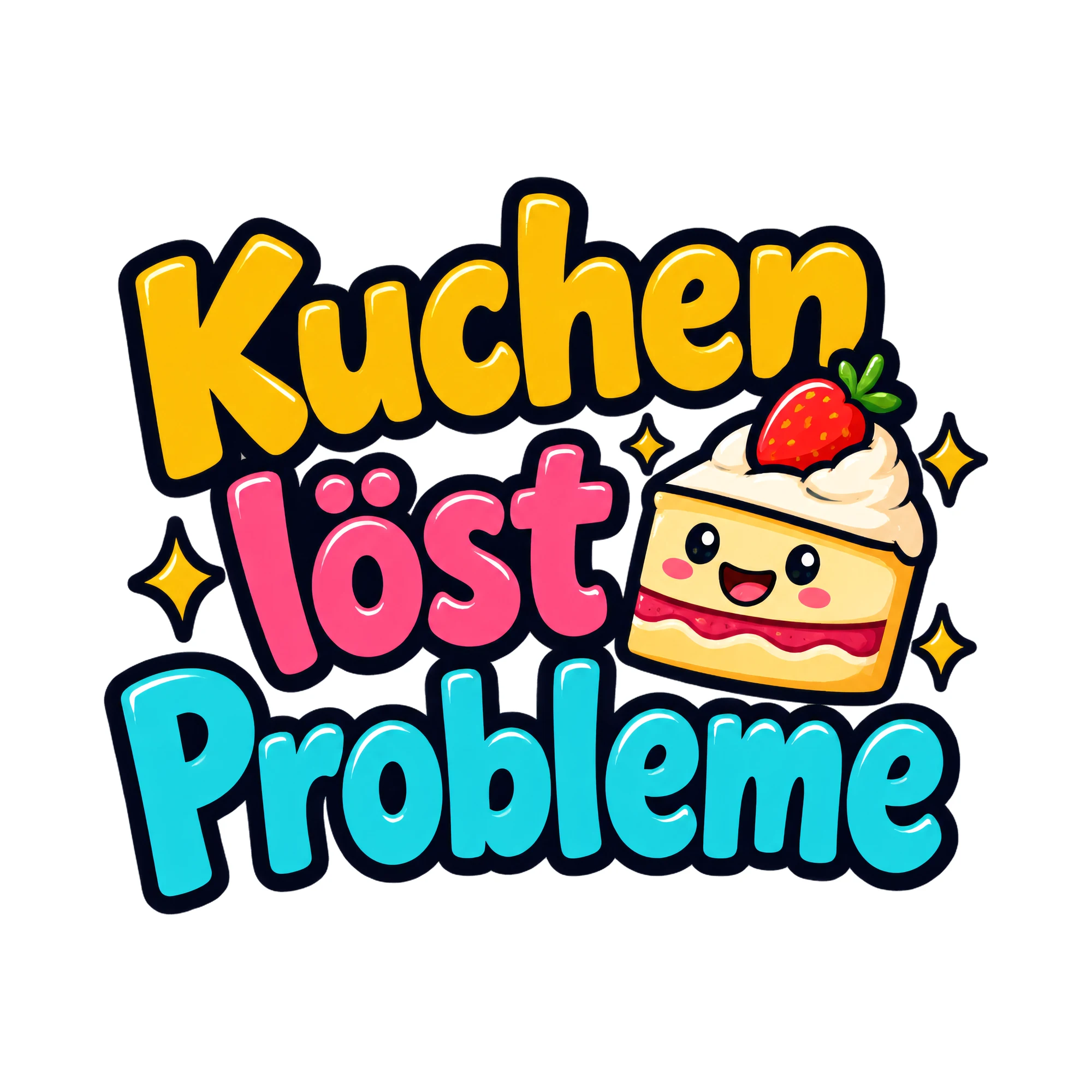 Bügelbild Kuchen löst Probleme, Küchen Spruch Bügelbild als Grafik auf weißem Hintergrund (BB016808)