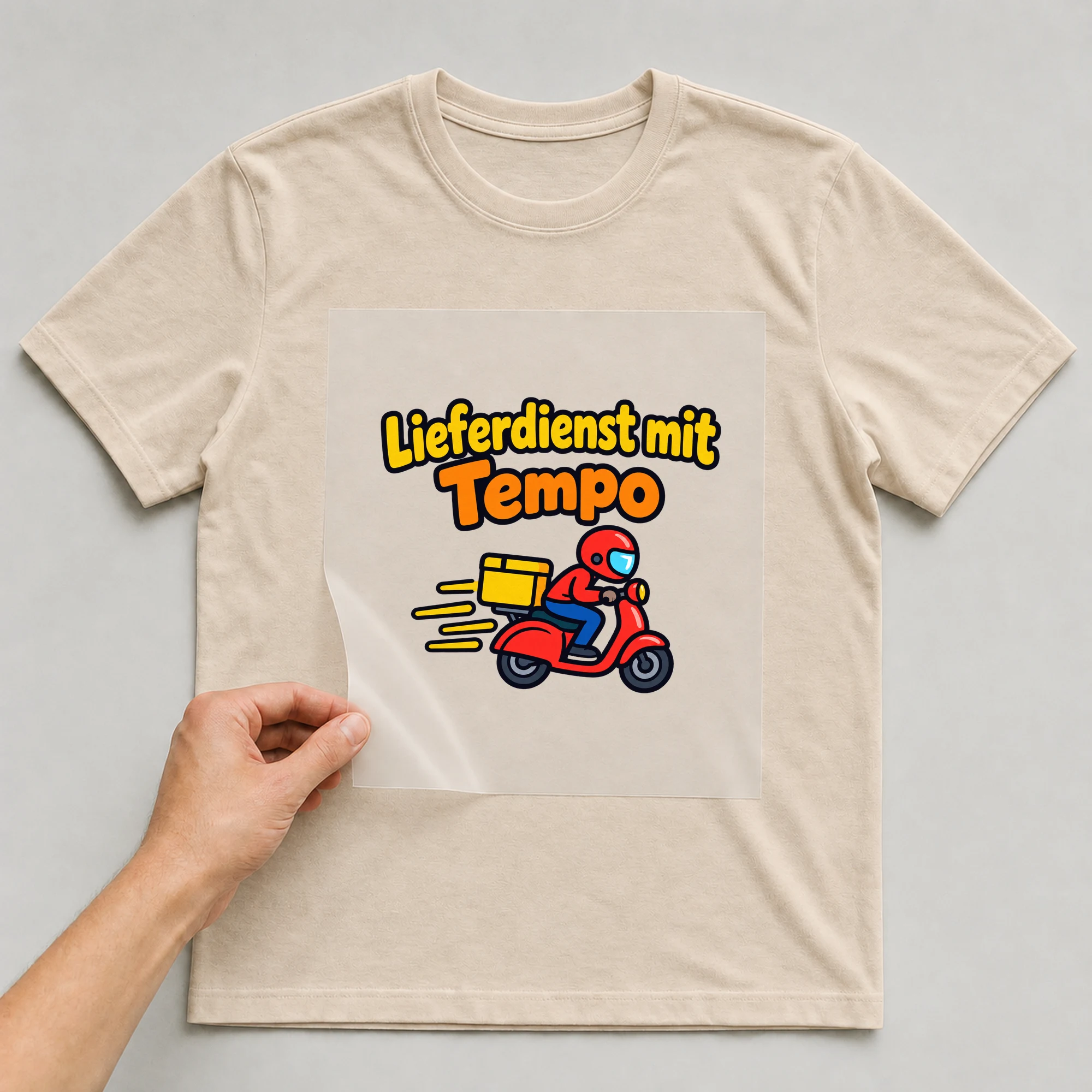 Bügelbild „Lieferdienst mit Tempo“ auf beigem T-Shirt, Folie wird aufgelegt