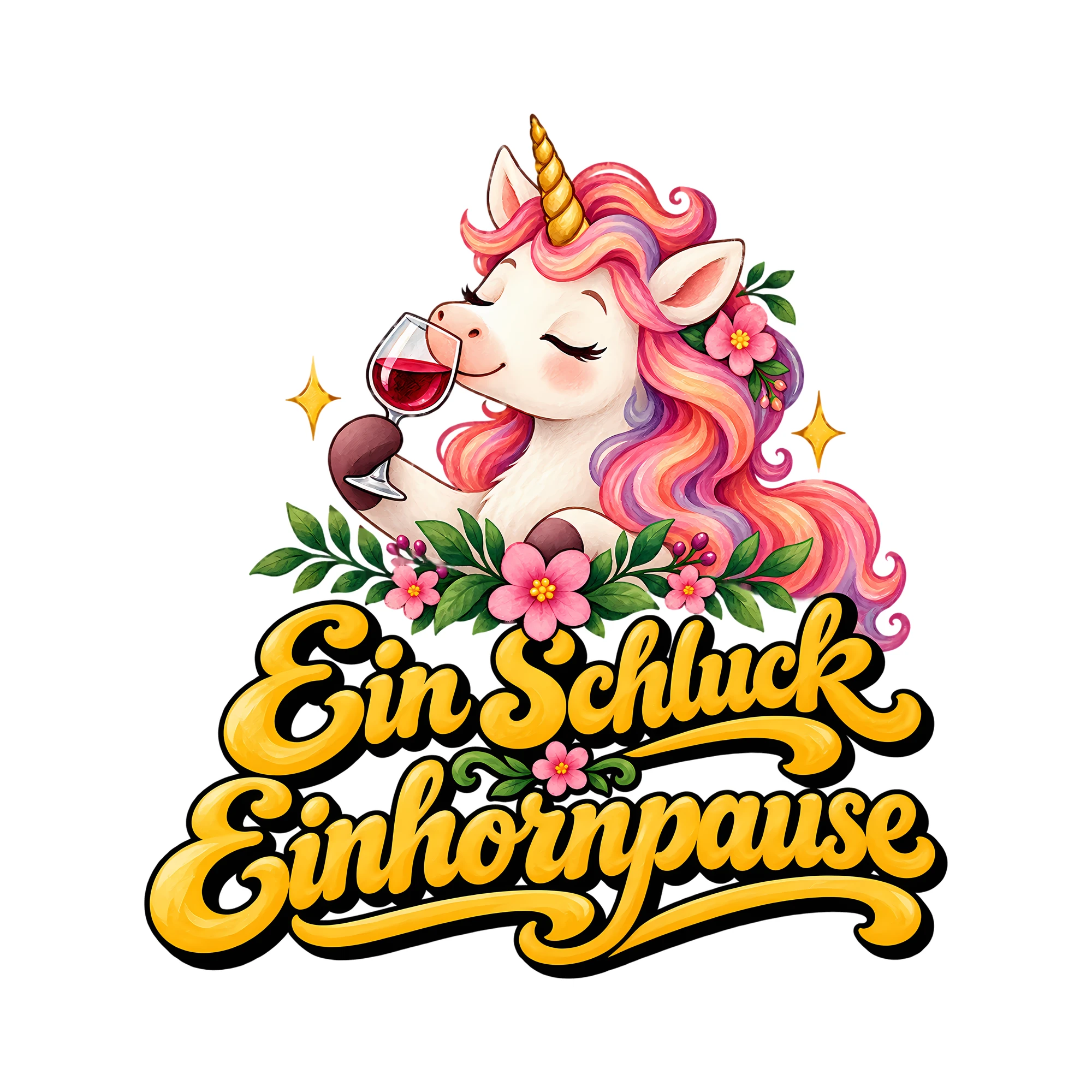 Bügelbild Ein Schluck Einhornpause als Grafik auf weißem Hintergrund (BB011942)