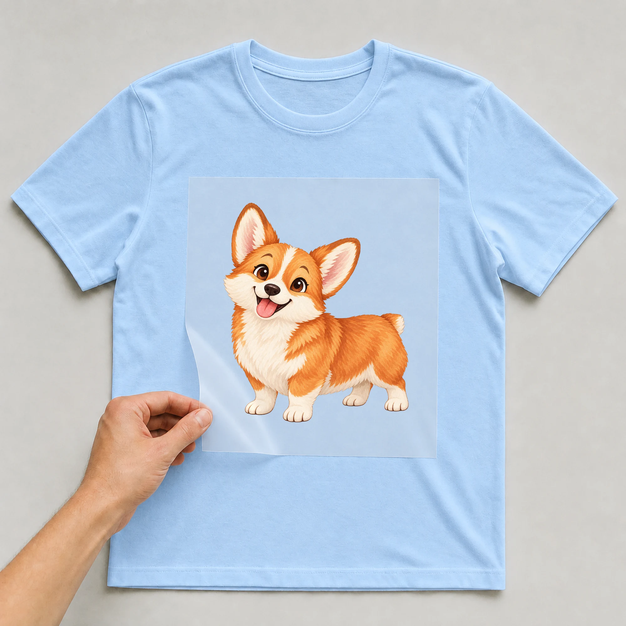 Bügelbild „Welsh Corgi Pembroke“ auf babyblauem T-Shirt, Folie wird aufgelegt