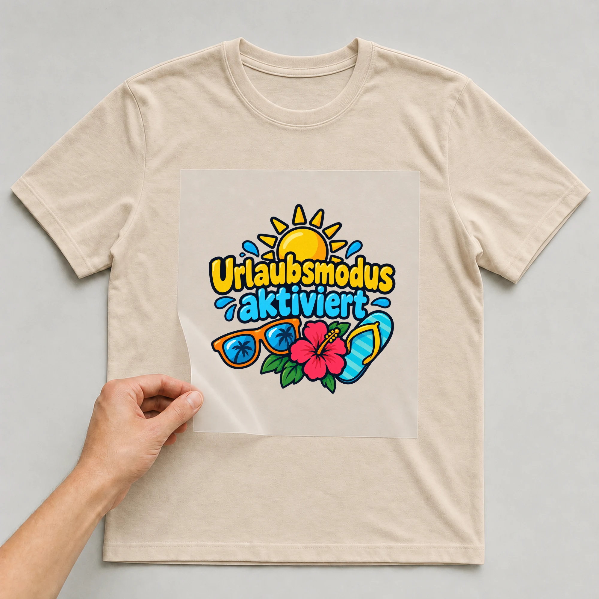 Bügelbild „Urlaubsmodus aktiviert“ auf beigem T-Shirt, Folie wird aufgelegt