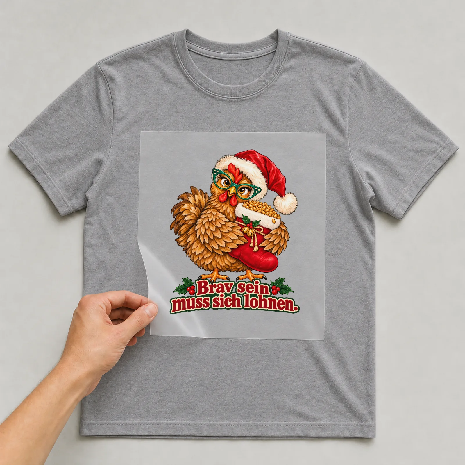 Bügelbild huhn nikolausstiefel auf grauem T-Shirt, Folie wird aufgelegt