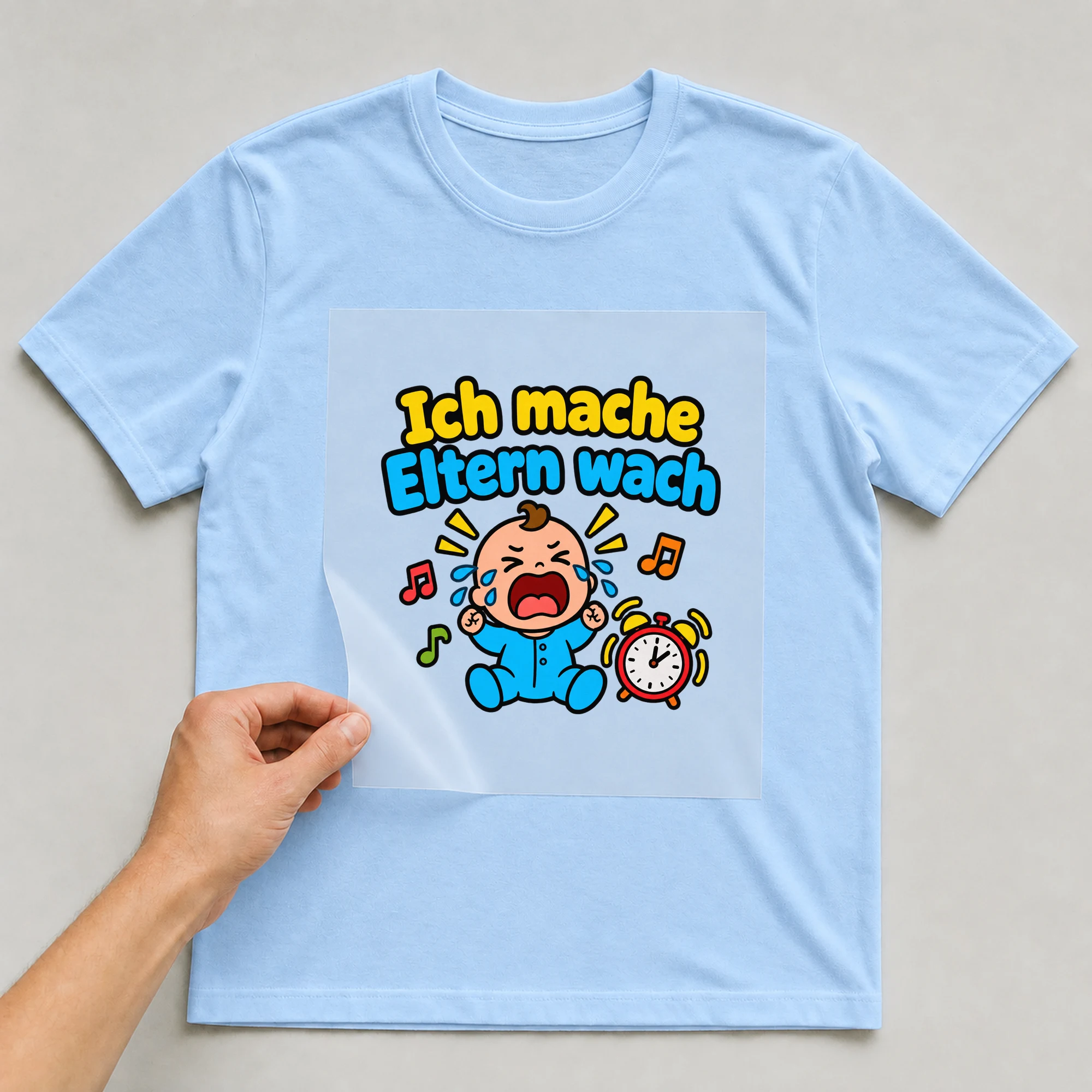 Bügelbild „Ich mache Eltern wach“ auf babyblauem T-Shirt, Folie wird aufgelegt