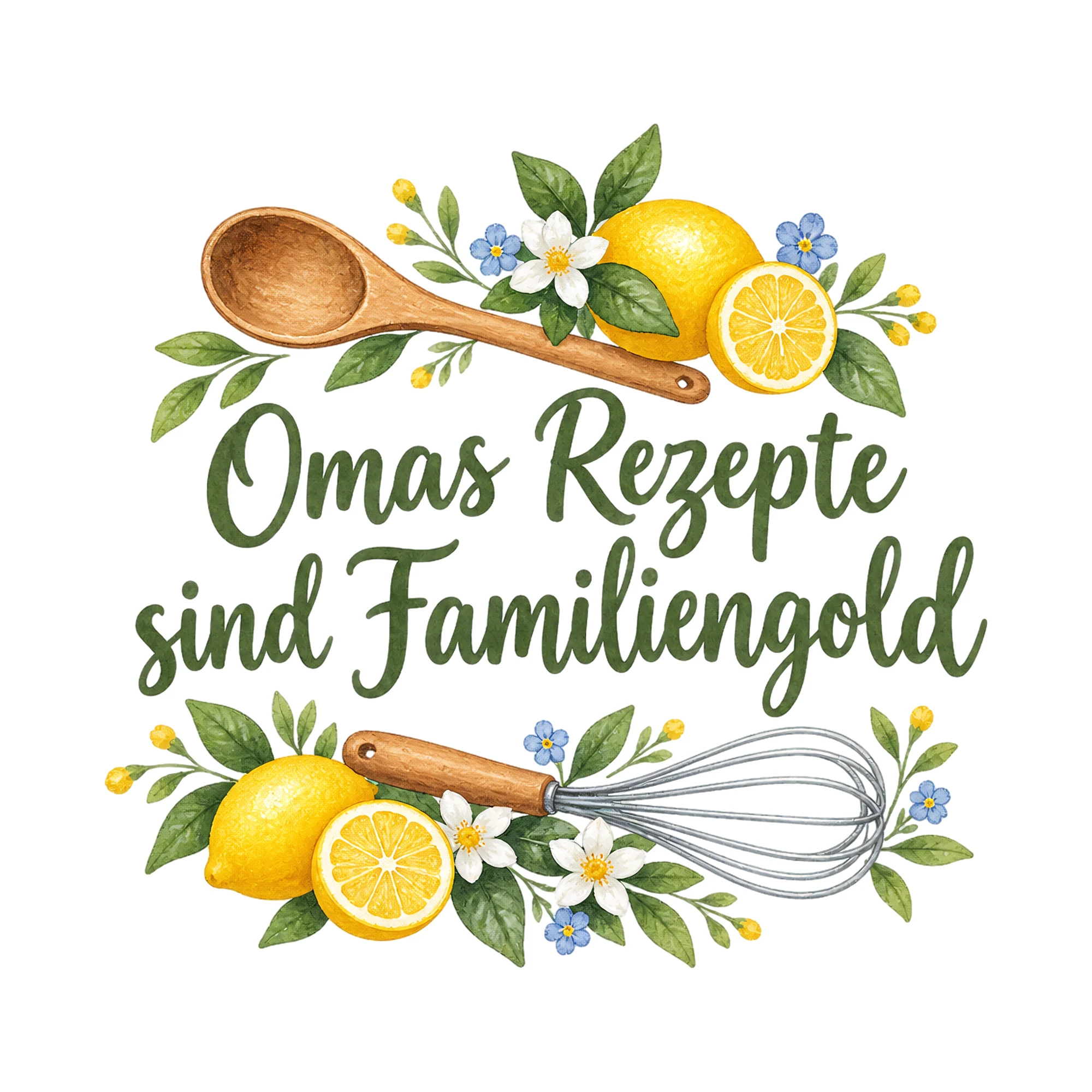 Bügelbild Omas Rezepte sind Familiengold als Grafik auf weißem Hintergrund (BB019261)