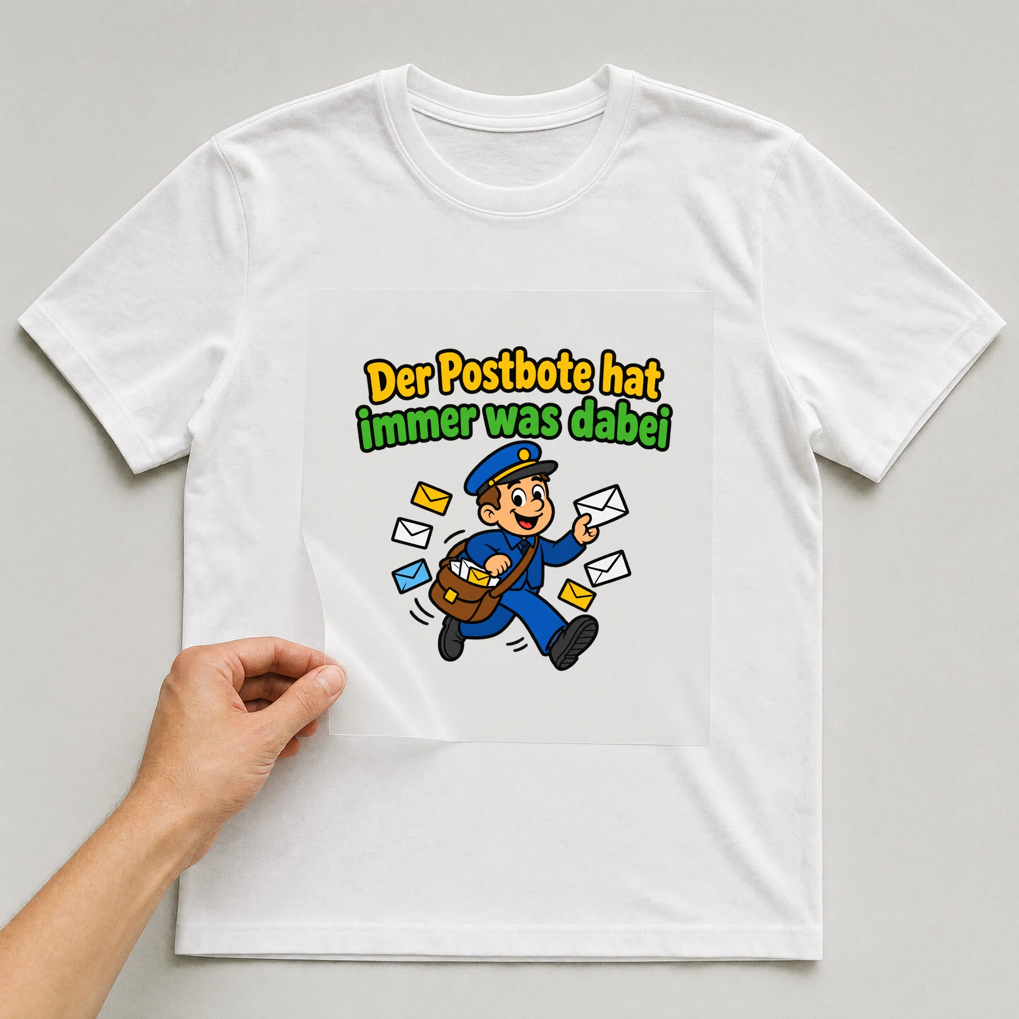 Bügelbild „Der Postbote hat immer was dabei“ auf weißem T-Shirt, Folie wird aufgelegt