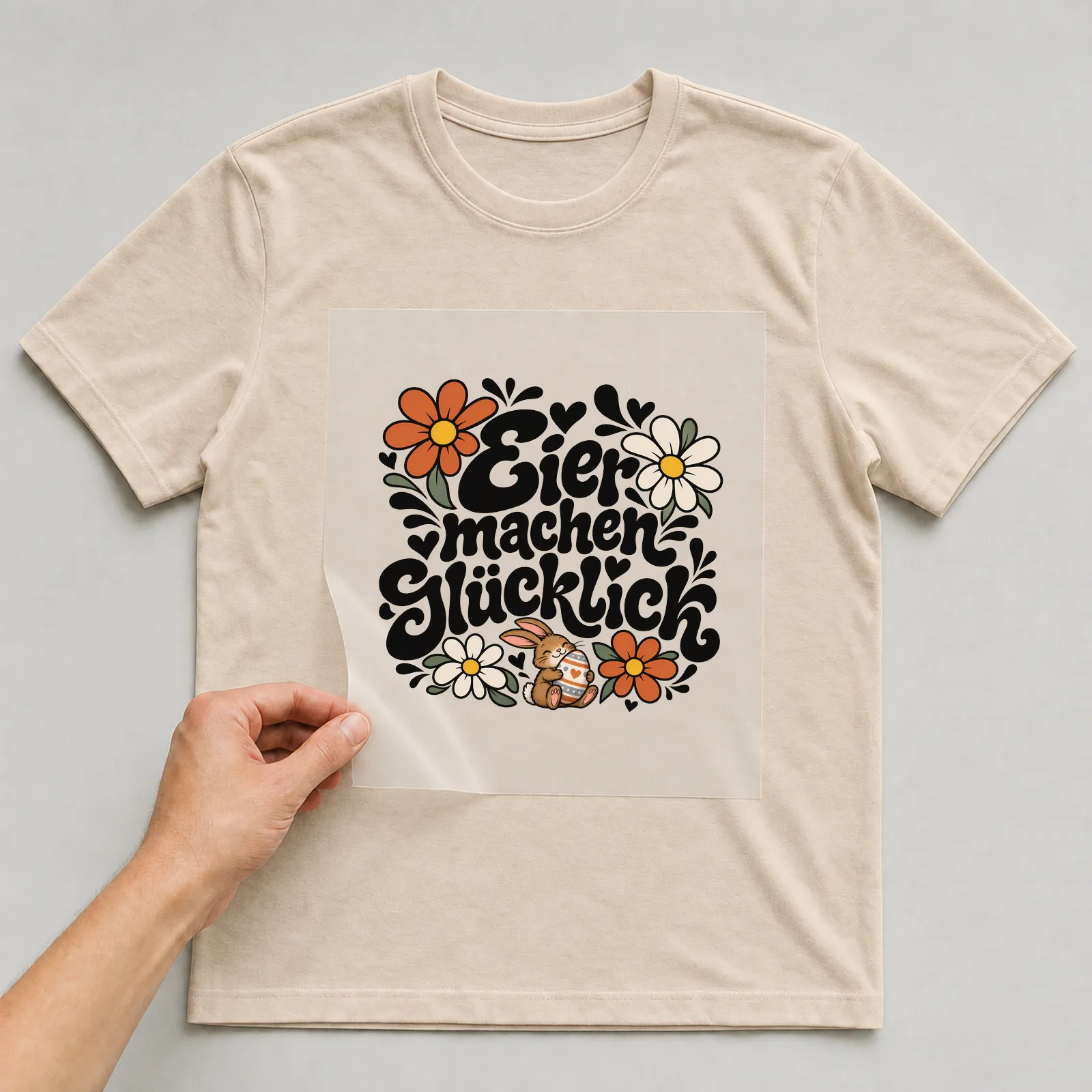 Bügelbild „Eier machen glücklich“ auf beigem T-Shirt, Folie wird aufgelegt