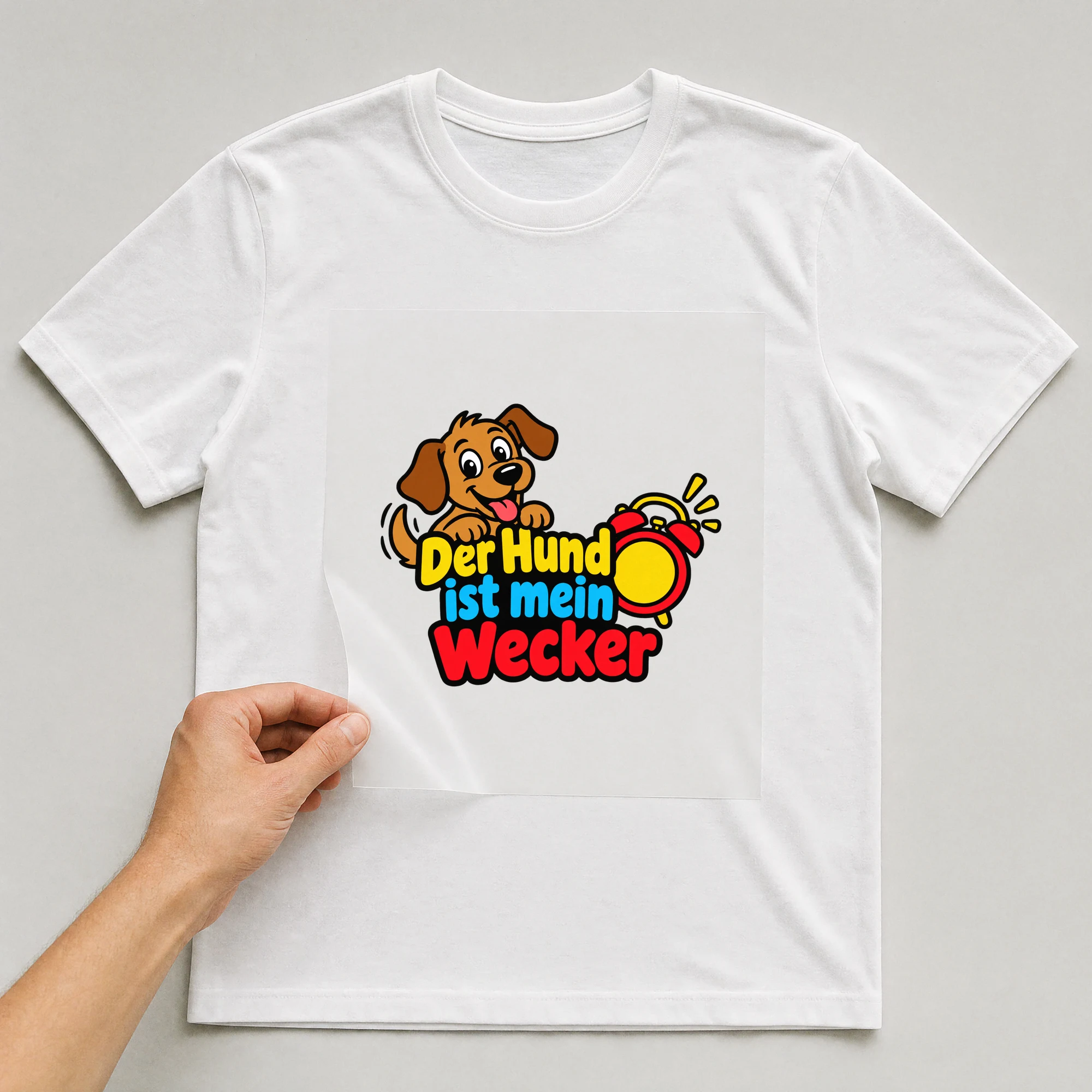 Bügelbild „Der Hund ist mein Wecker“ auf weißem T-Shirt, Folie wird aufgelegt
