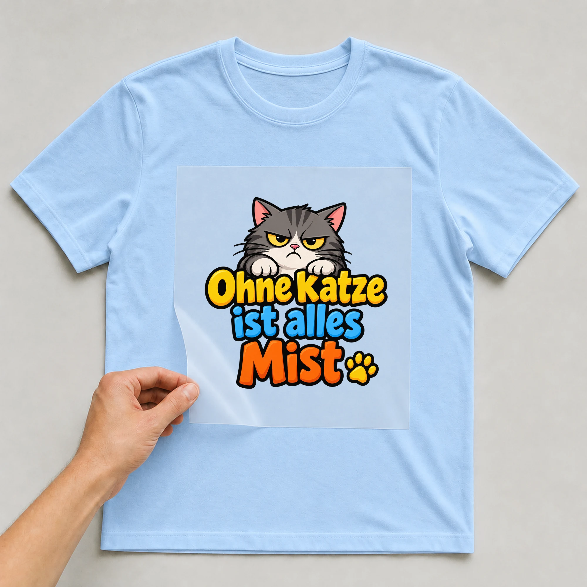 Bügelbild „Ohne Katze ist alles Mist“ auf babyblauem T-Shirt, Folie wird aufgelegt