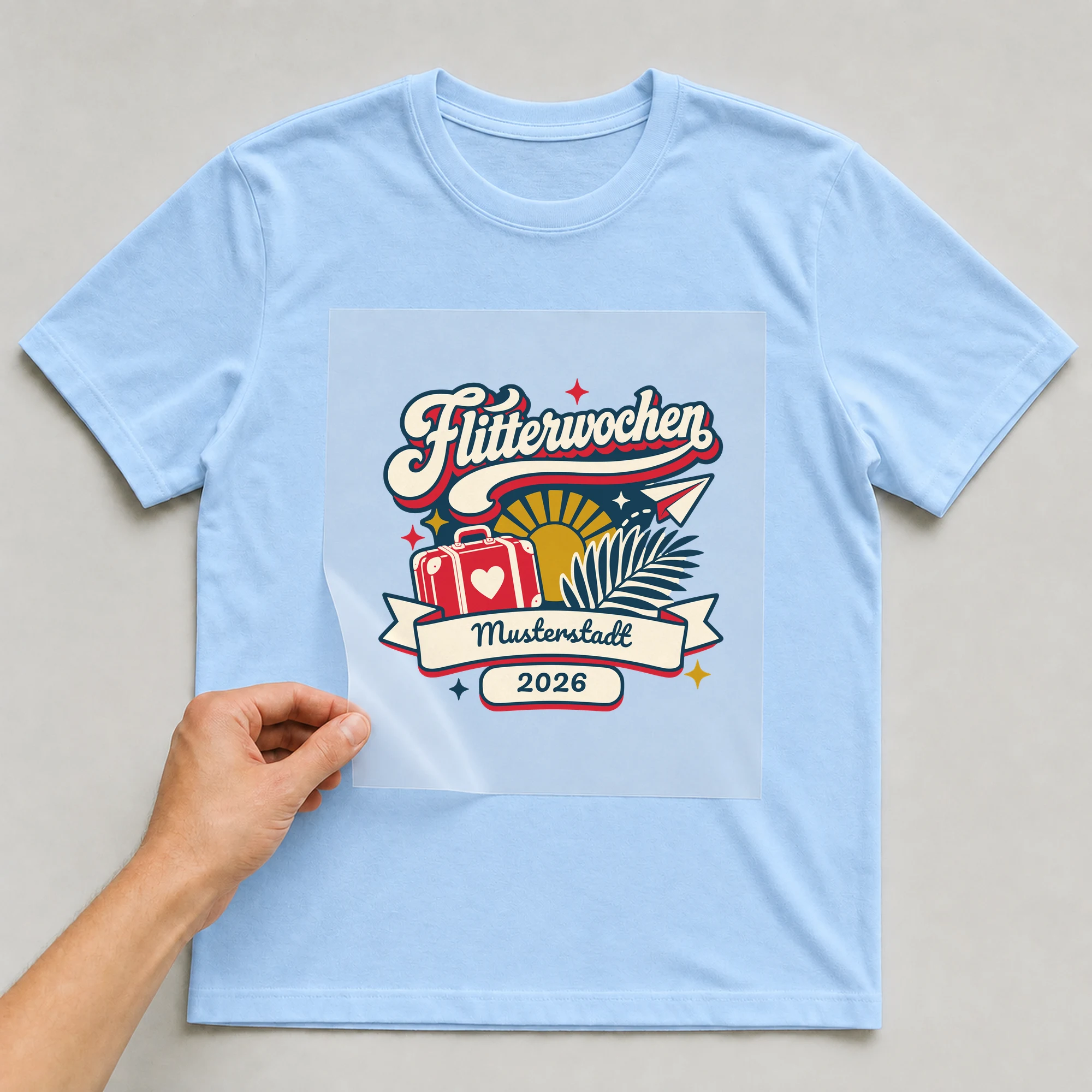 Bügelbild Flitterwochen mit Ort und Jahr auf hellblauem T-Shirt, Folie wird aufgelegt