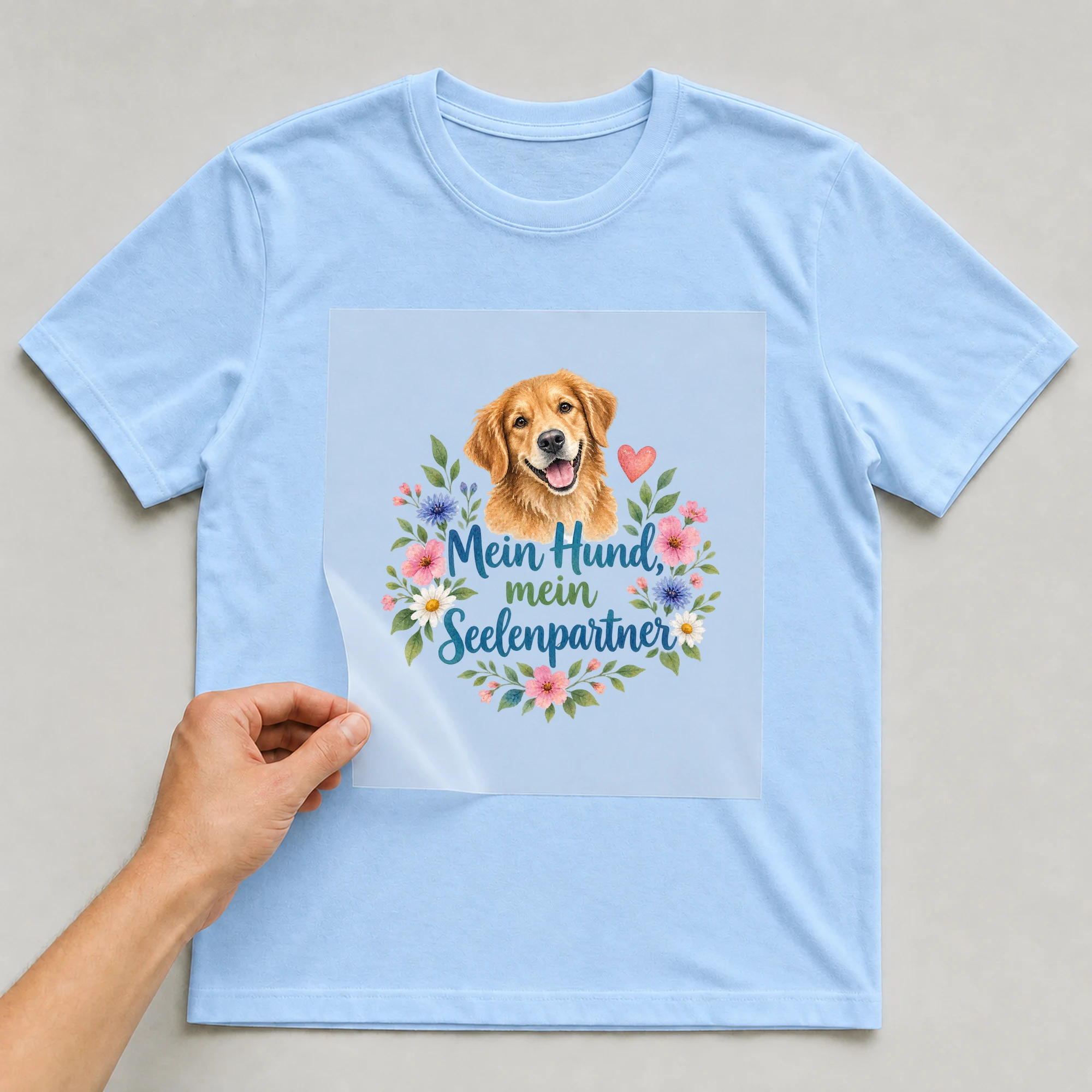 Bügelbild „Mein Hund, mein Seelenpartner“ auf babyblauem T-Shirt, Folie wird aufgelegt