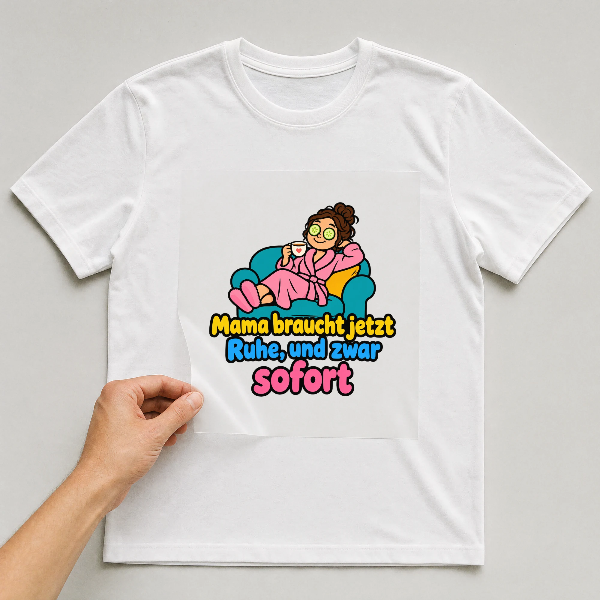 Bügelbild „Mama braucht jetzt Ruhe, und zwar sofort“ auf weißem T-Shirt, Folie wird aufgelegt