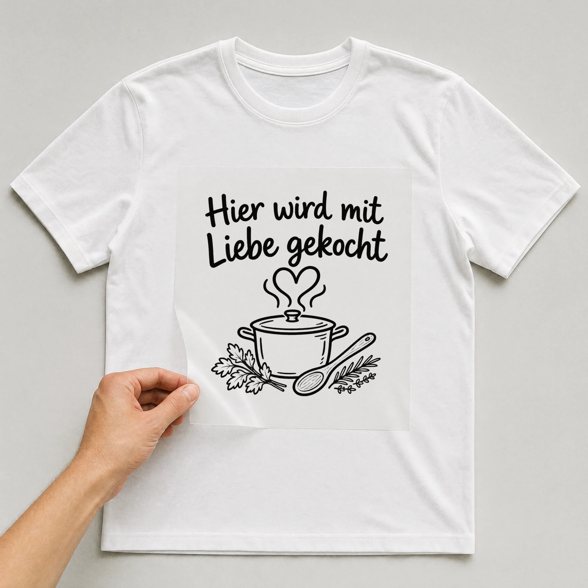 Bügelbild „Hier wird mit Liebe gekocht“ auf weißem T-Shirt, Folie wird aufgelegt