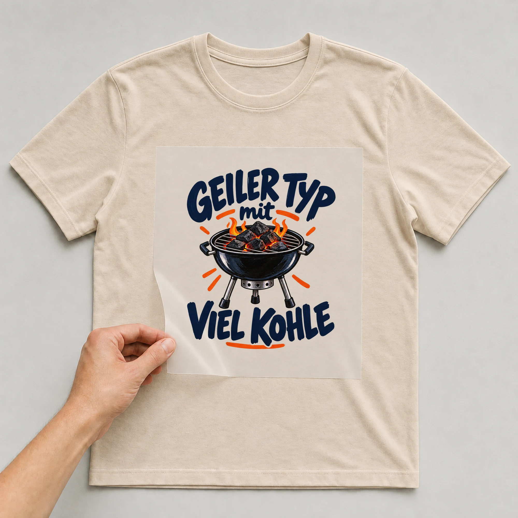 Bügelbild „Geiler Typ mit viel Kohle“ auf babyblauem T-Shirt, Folie wird aufgelegt