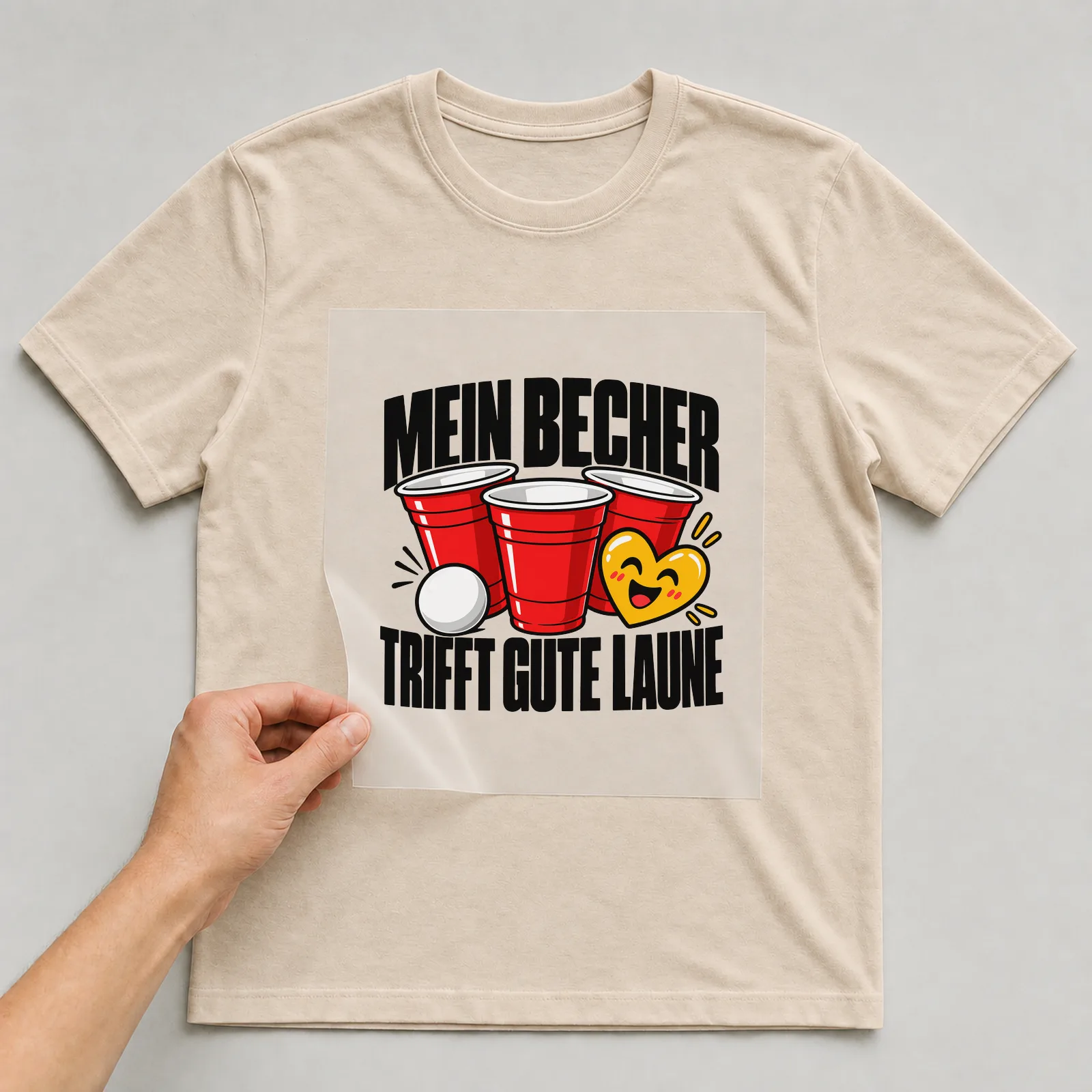 Bügelbild „Mein Becher trifft gute Laune“ auf beigem T-Shirt, Folie wird aufgelegt