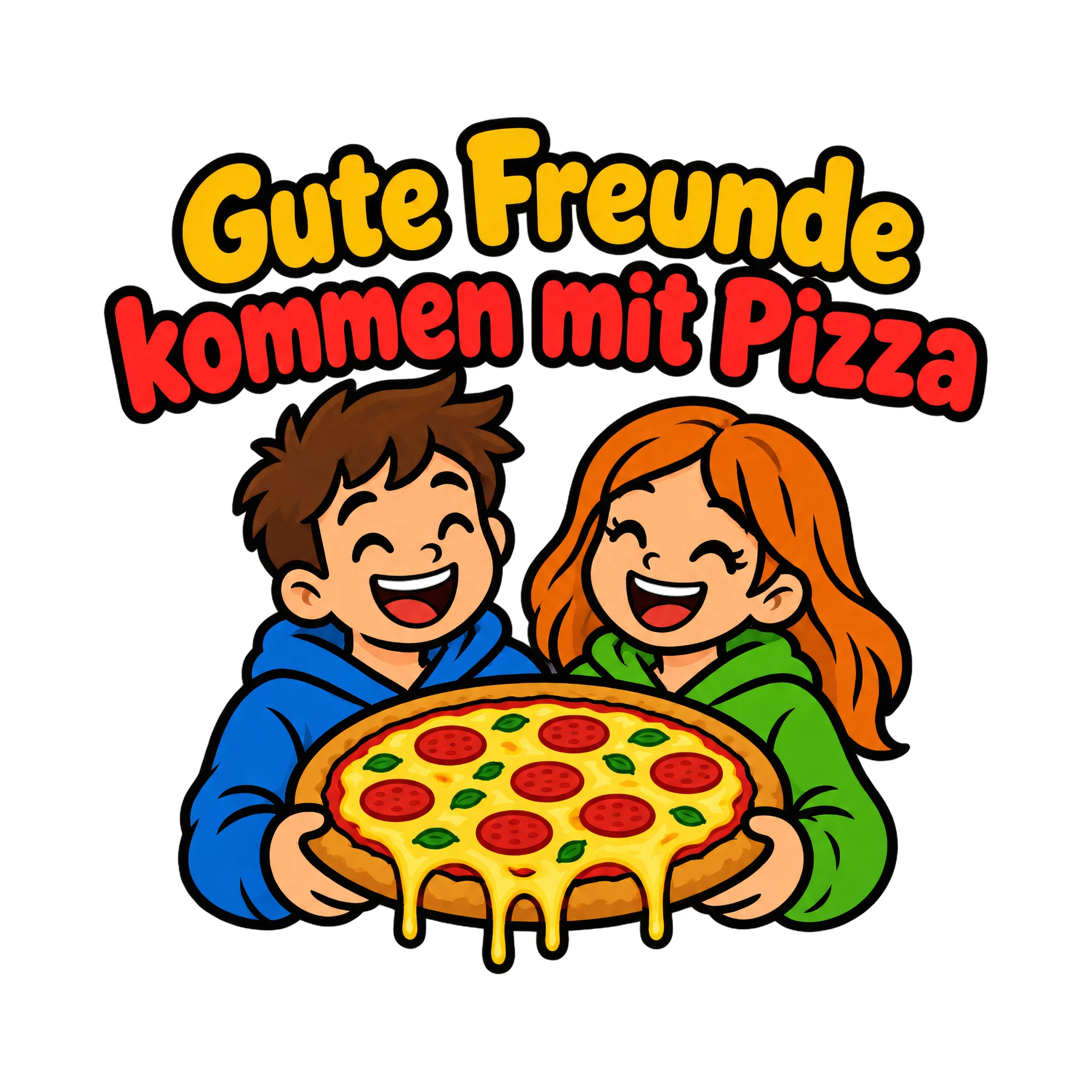 Bügelbild Gute Freunde kommen mit Pizza als Grafik auf weißem Hintergrund (BB019120)