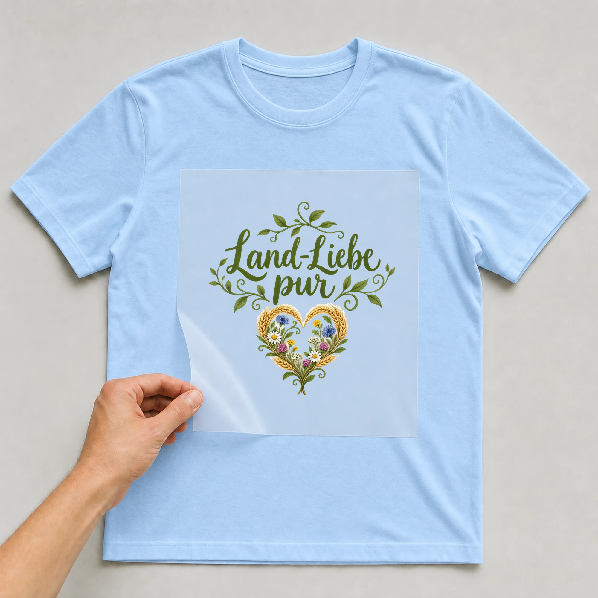 Bügelbild „Land-Liebe pur“ auf babyblauem T-Shirt, Folie wird aufgelegt