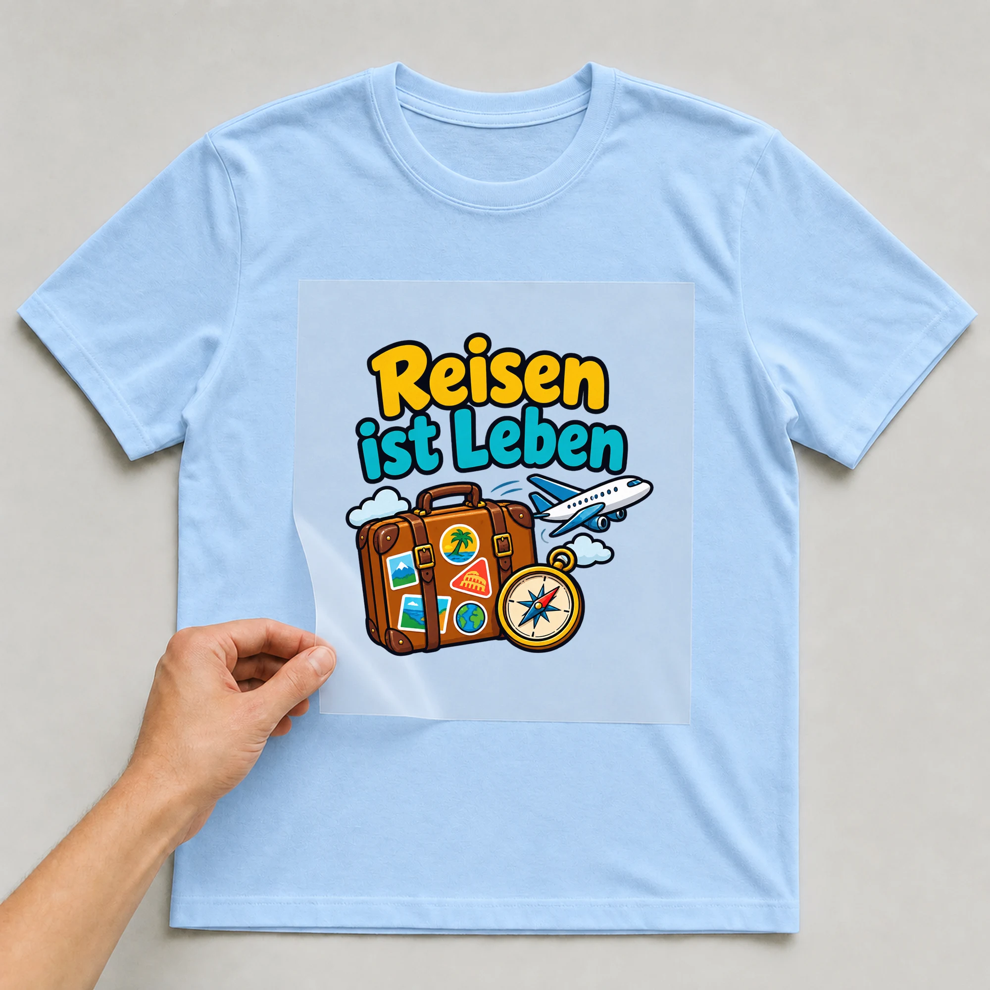 Bügelbild „Reisen ist Leben“ auf babyblauem T-Shirt, Folie wird aufgelegt