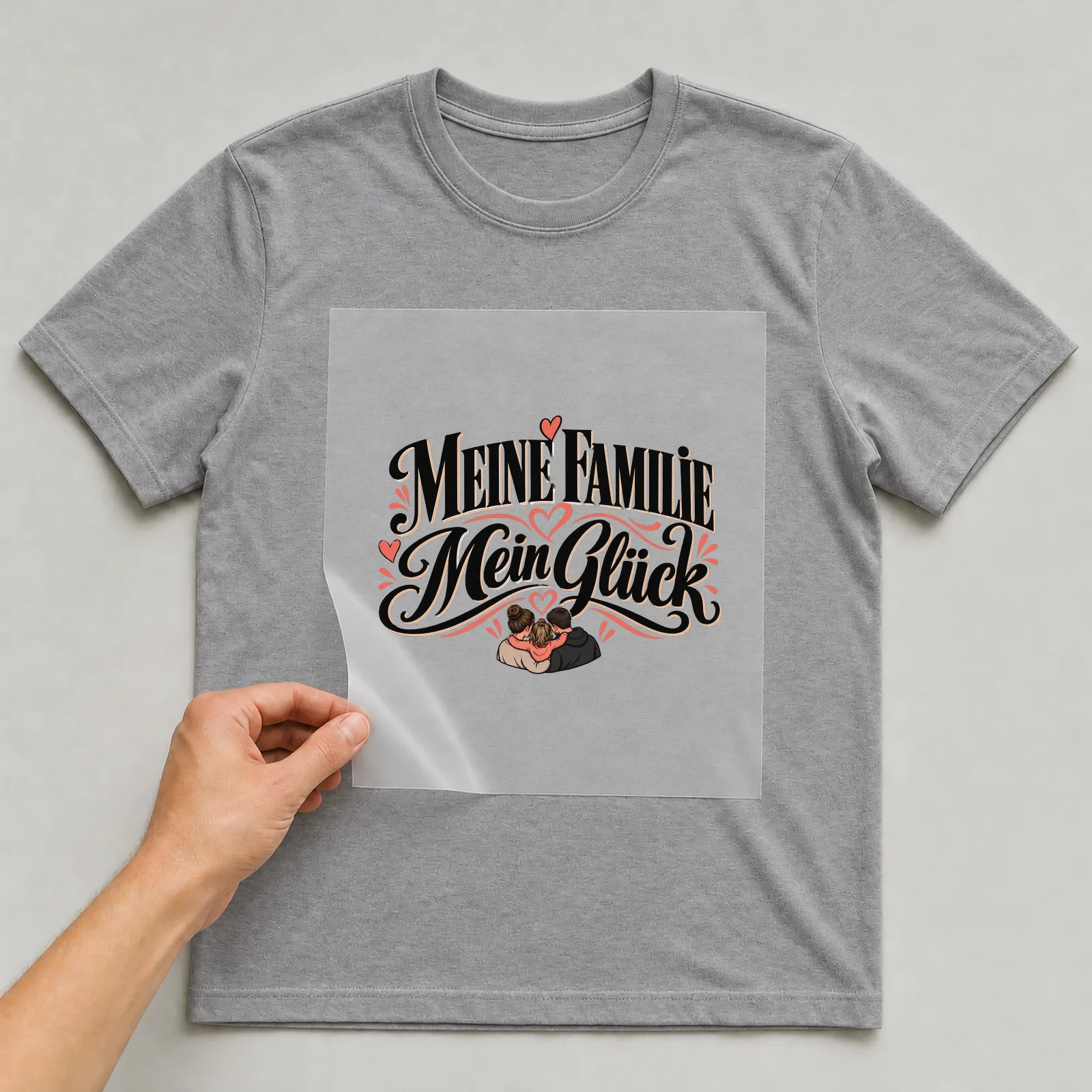 Bügelbild „Meine Familie mein Glück“ auf grauem T-Shirt, Folie wird aufgelegt