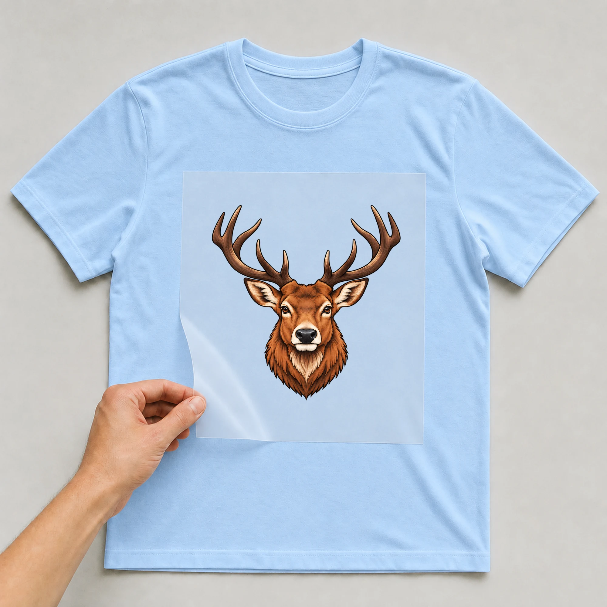 Bügelbild „Hirsch Dunkles Geweih“ auf babyblauem T-Shirt, Folie wird aufgelegt