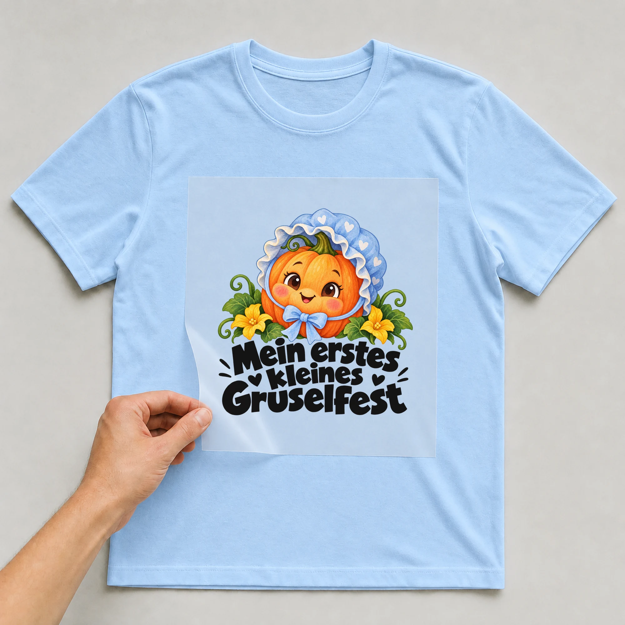 Bügelbild „Mein erstes kleines Gruselfest“ auf hellblauem T-Shirt, Folie wird aufgelegt