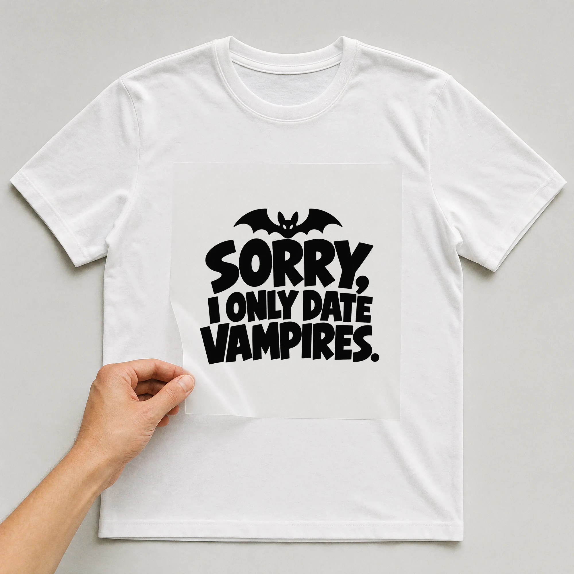 Bügelbild „Sorry, I Only Date Vampires.“ auf weißem T-Shirt, Folie wird aufgelegt