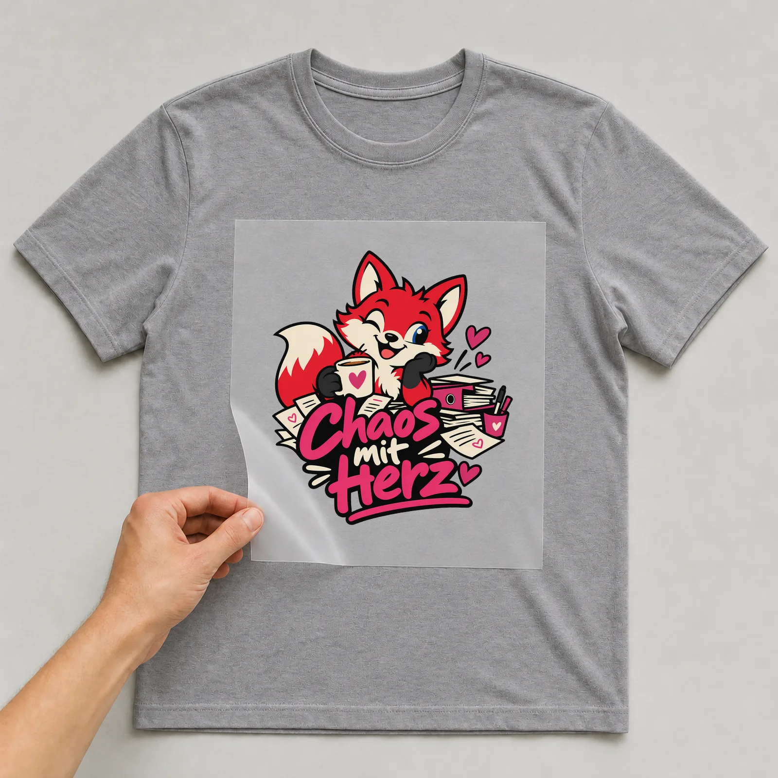 Bügelbild „Chaos mit Herz“ auf grauem T-Shirt, Folie wird aufgelegt