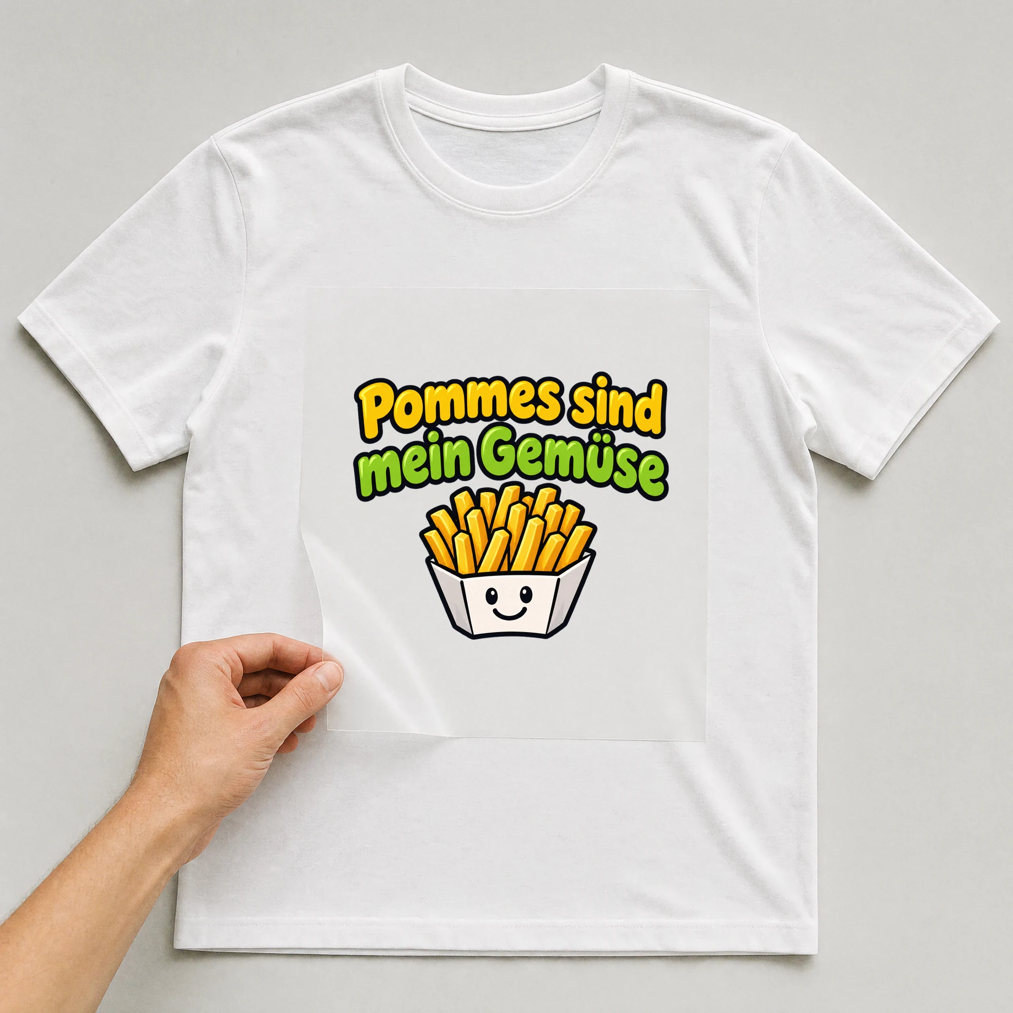 Bügelbild „Pommes sind mein Gemüse“ auf weißem T-Shirt, Folie wird aufgelegt