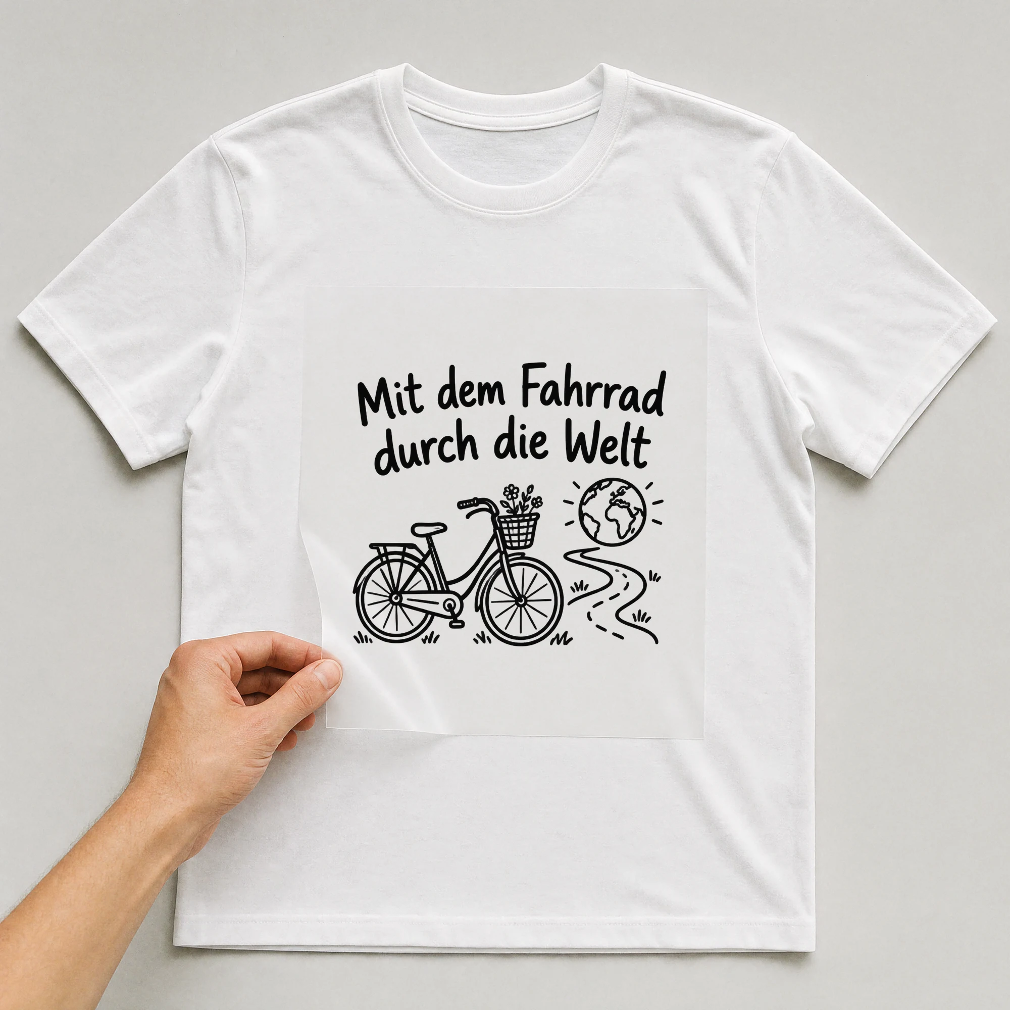 Bügelbild „Mit dem Fahrrad durch die Welt“ auf weißem T-Shirt, Folie wird aufgelegt
