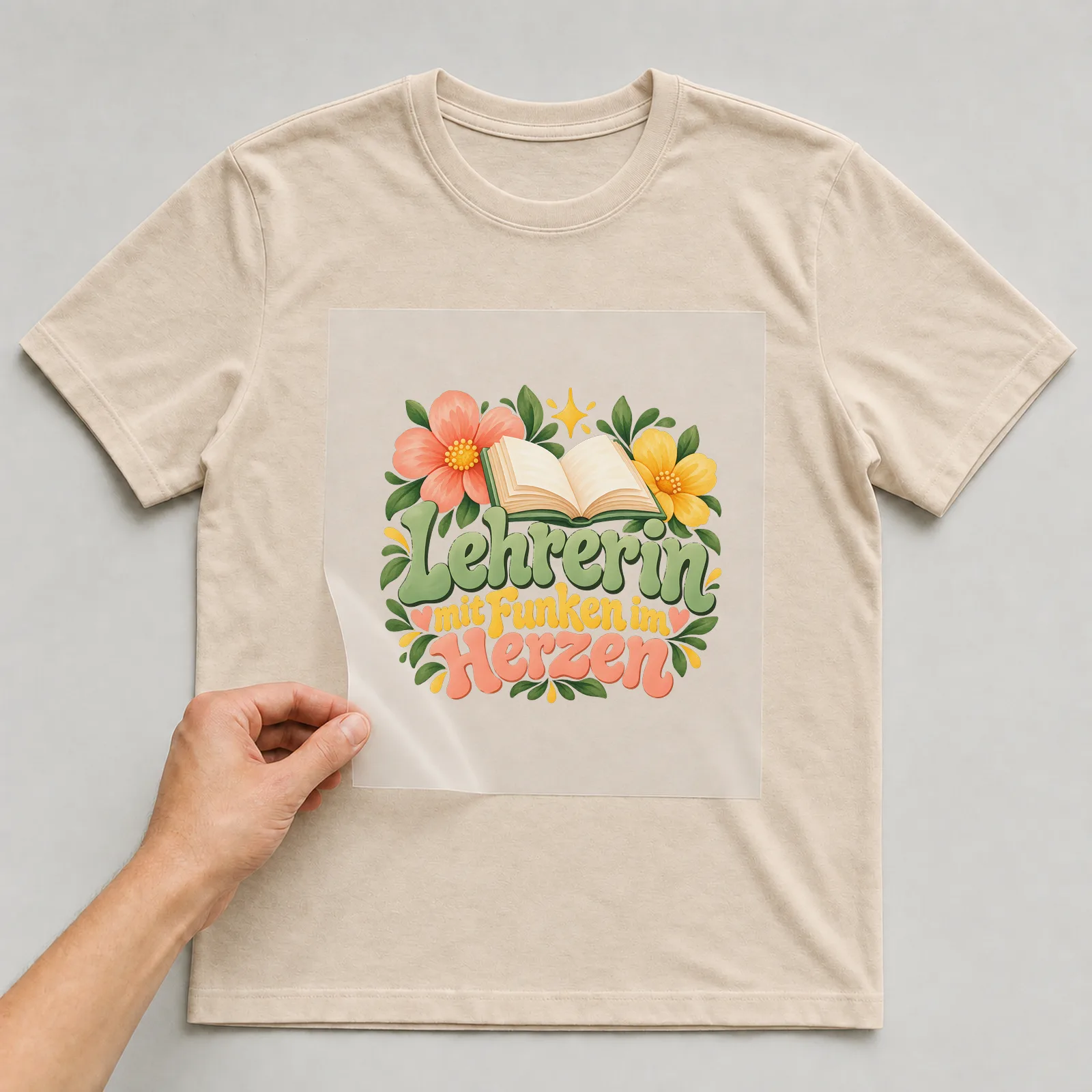 Bügelbild „Lehrerin mit Funken im Herzen“ auf beigem T-Shirt, Folie wird aufgelegt