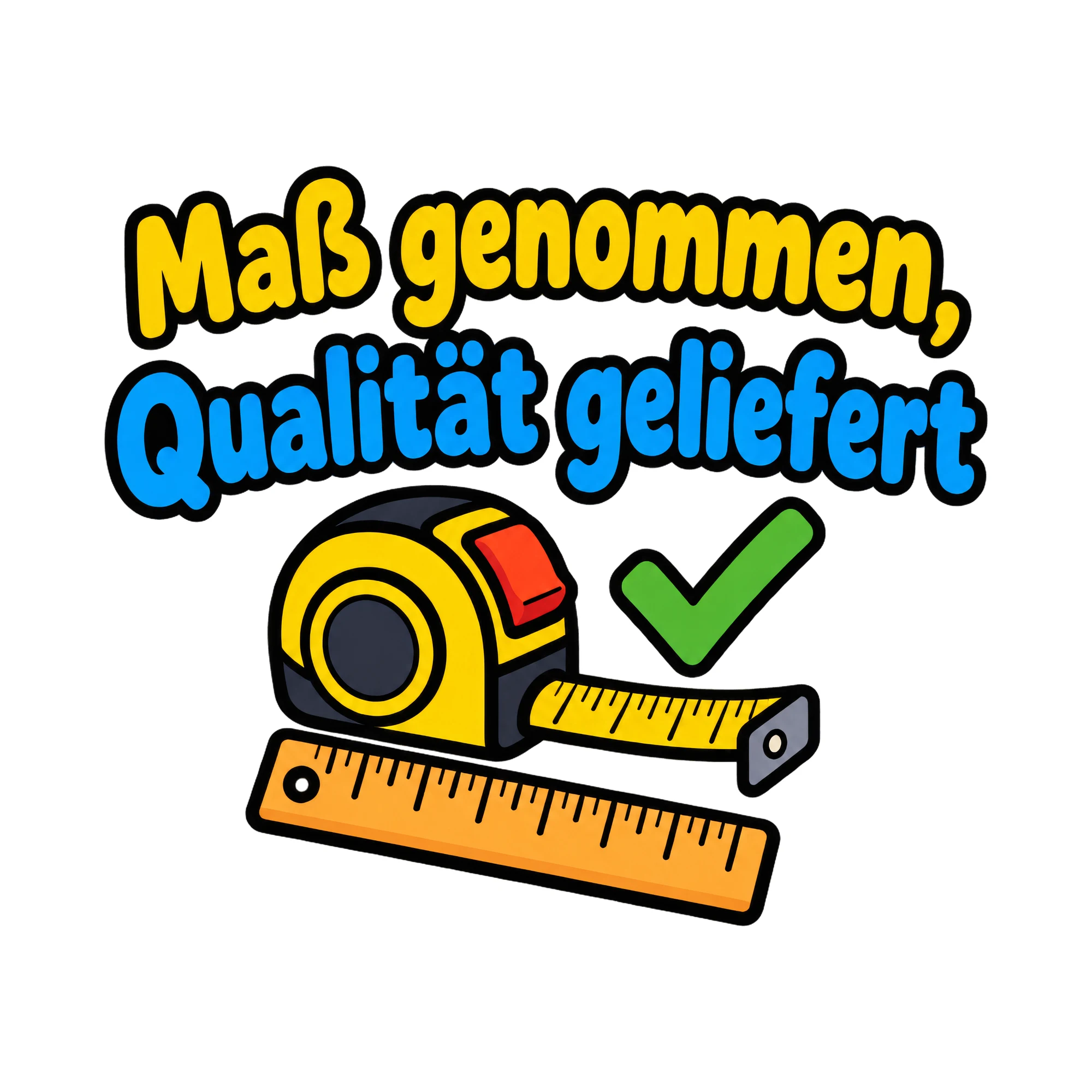 Bügelbild Maß genommen, Qualität geliefert, Beruf Shirt Spruch als Grafik auf weißem Hintergrund (BB020195)