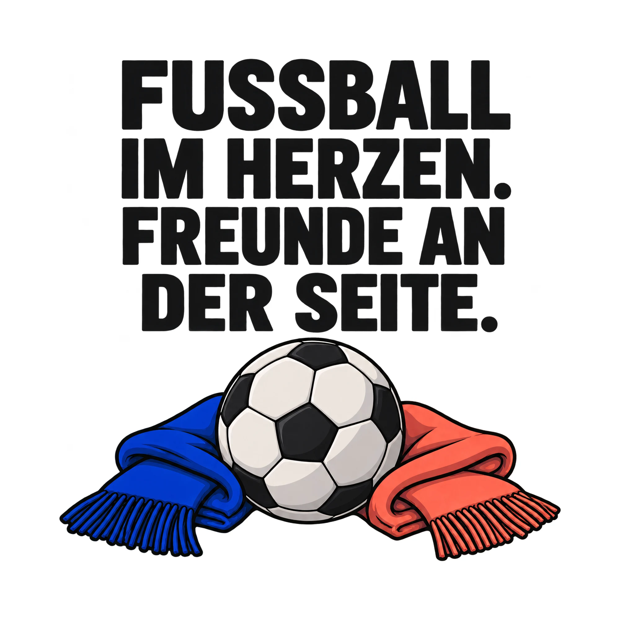 Bügelbild FUSSBALL IM HERZEN. FREUNDE AN DER SEITE. als Grafik auf weißem Hintergrund (BB021480)