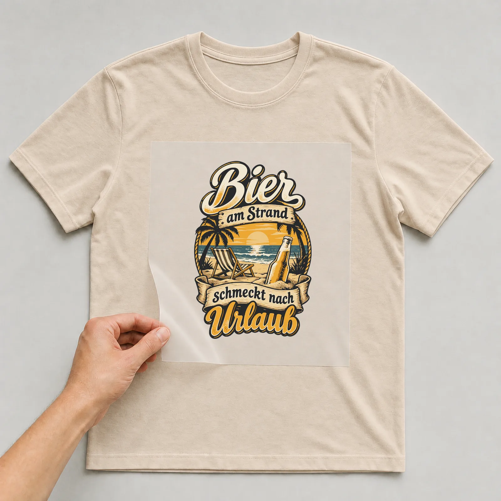 Bügelbild Bier am Strand schmeckt nach Urlaub auf beigem T-Shirt, Folie wird aufgelegt